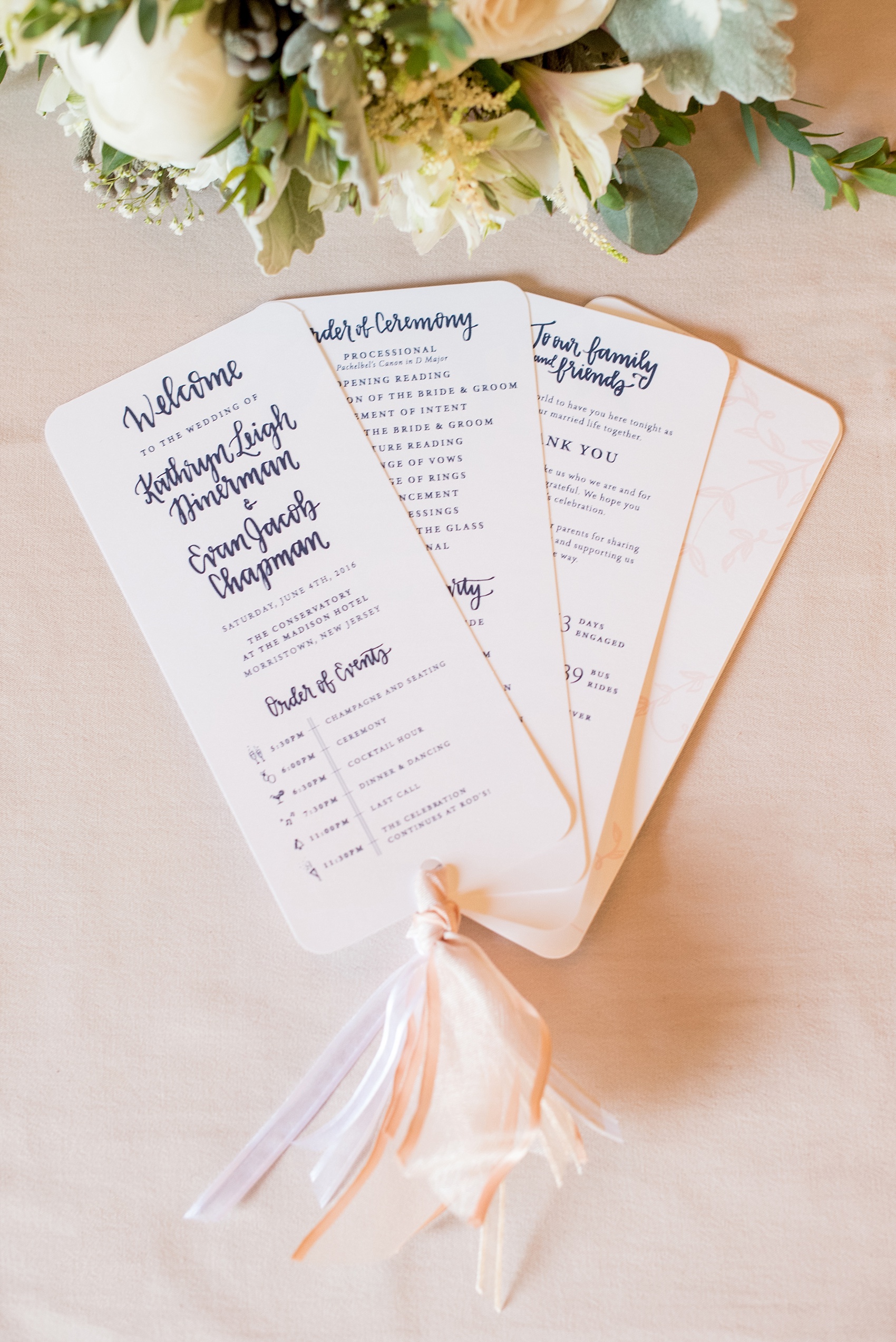 Mikkel Paige Photography photo of a wedding at the Madison Hotel in NJ. Image of the bride and groom's white and blue fan programs.