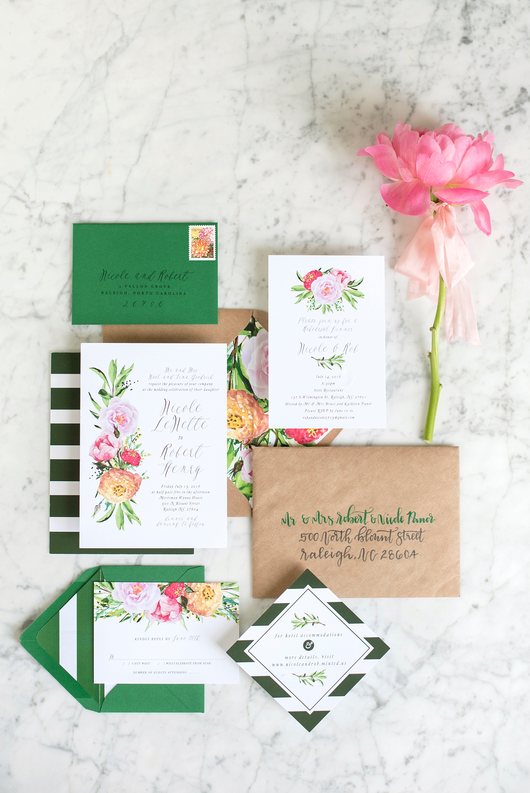 Mikkel Paige Photography wedding photos at The Merrimon-Wynne House in downtown Raleigh. Floral stationery suite set with stripes and vibrant colors. Kraft paper envelope with two-toned calligraphy.
