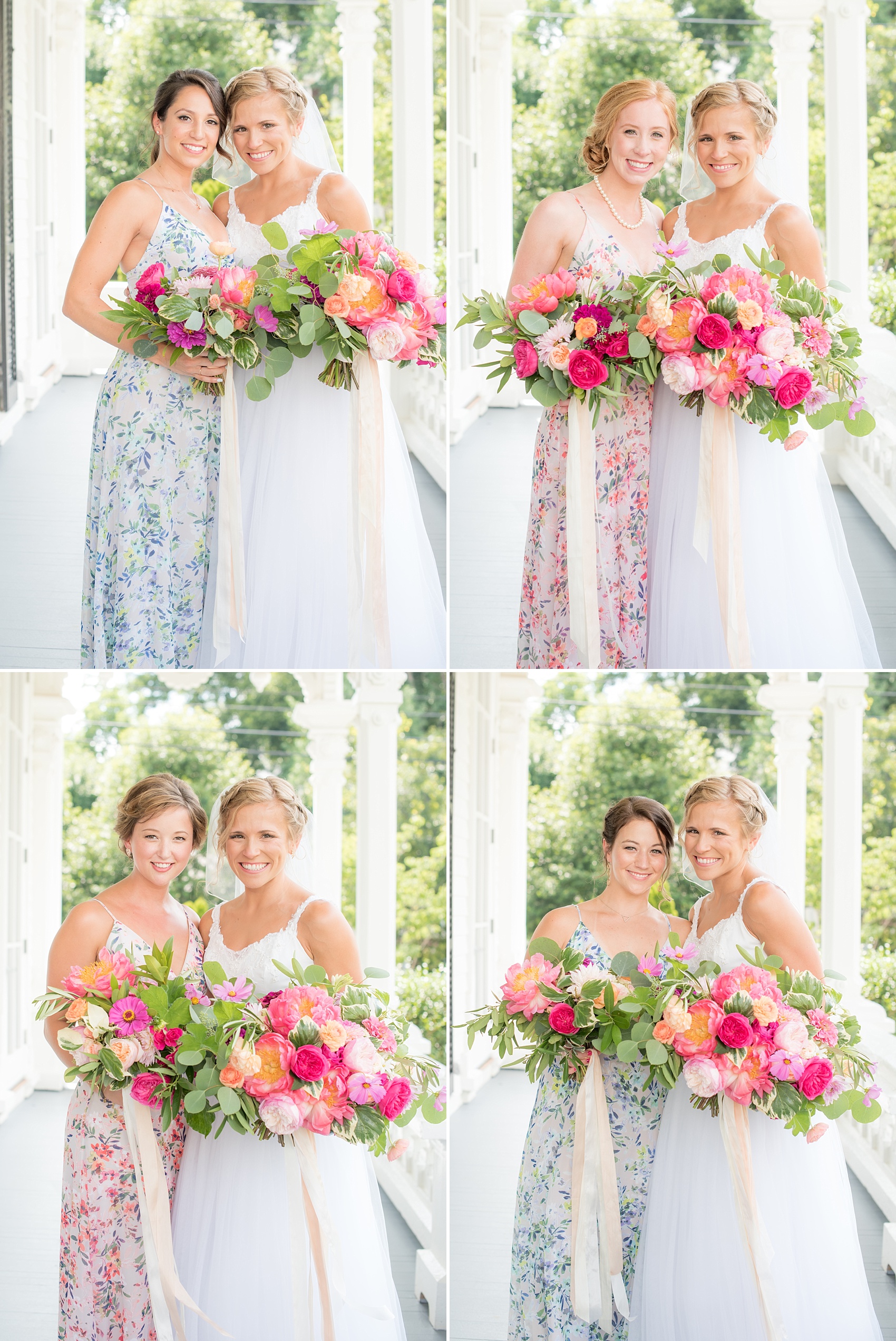 Mikkel Paige Photography wedding photos at The Merrimon-Wynne House in downtown Raleigh. Bridesmaids in floral maxi gowns with colorful pink, orange and green bouquets with peonies, eucalyptus and garden roses by Meristem Floral. 