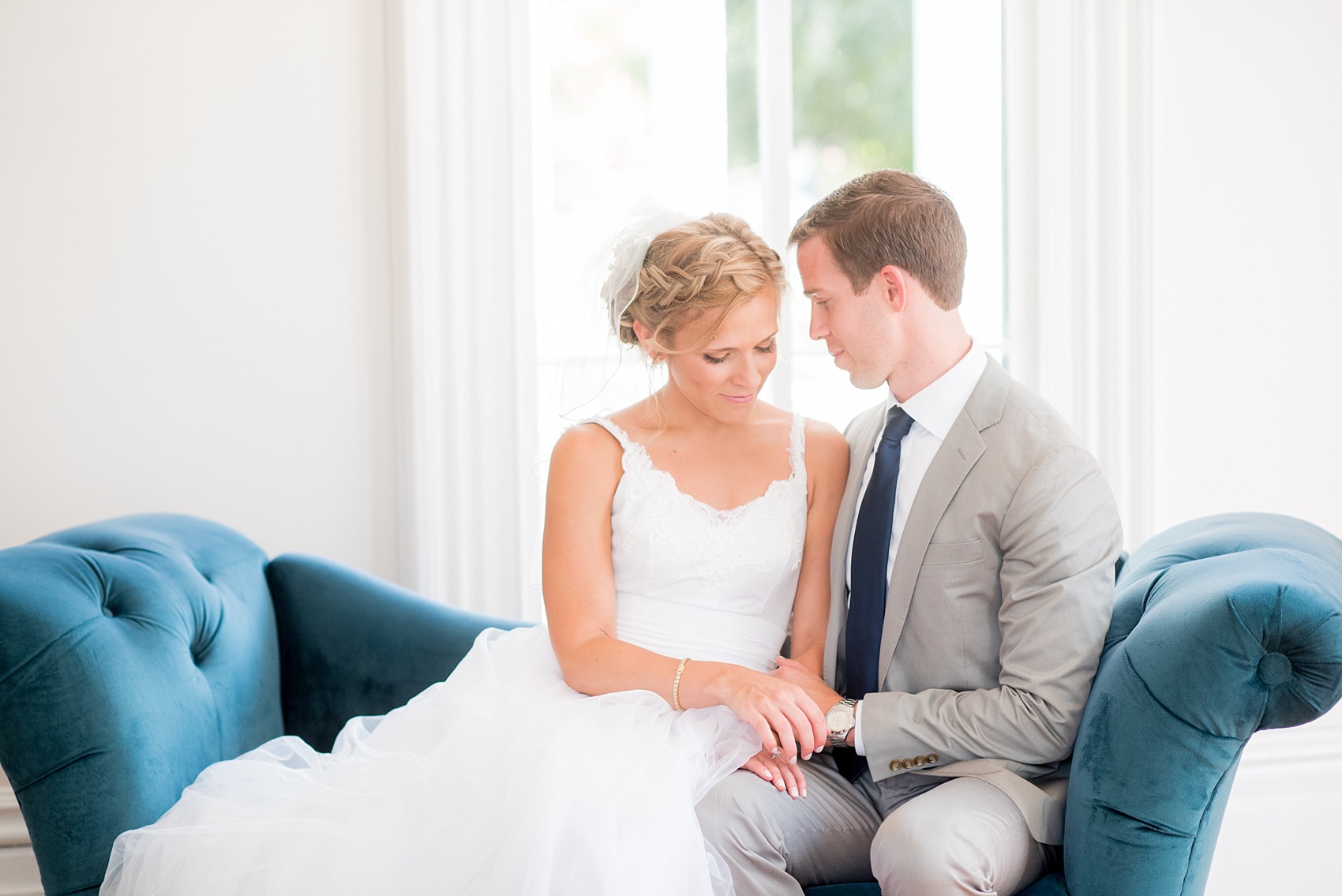 Mikkel Paige Photography wedding photos at The Merrimon-Wynne House in downtown Raleigh. The bride and groom with colorful bouquet and tulle skirt wedding dress.