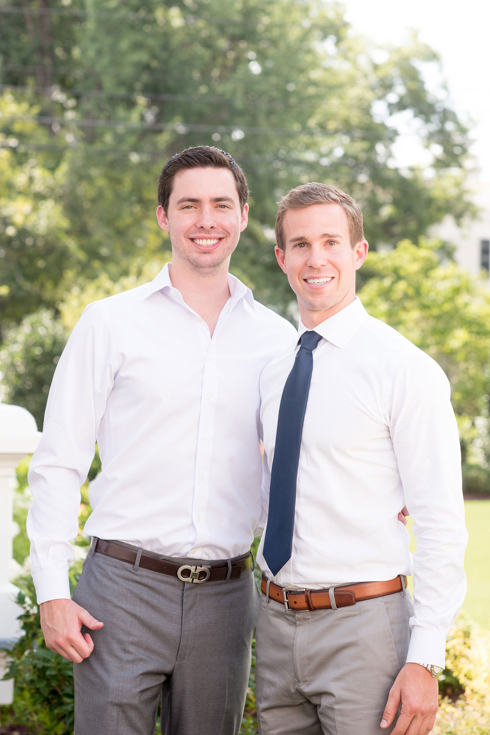 Mikkel Paige Photography wedding photos at The Merrimon-Wynne House in downtown Raleigh. The groom and his groomsmen in unique outfits - no tie and no jacket - for a summer wedding in the south.