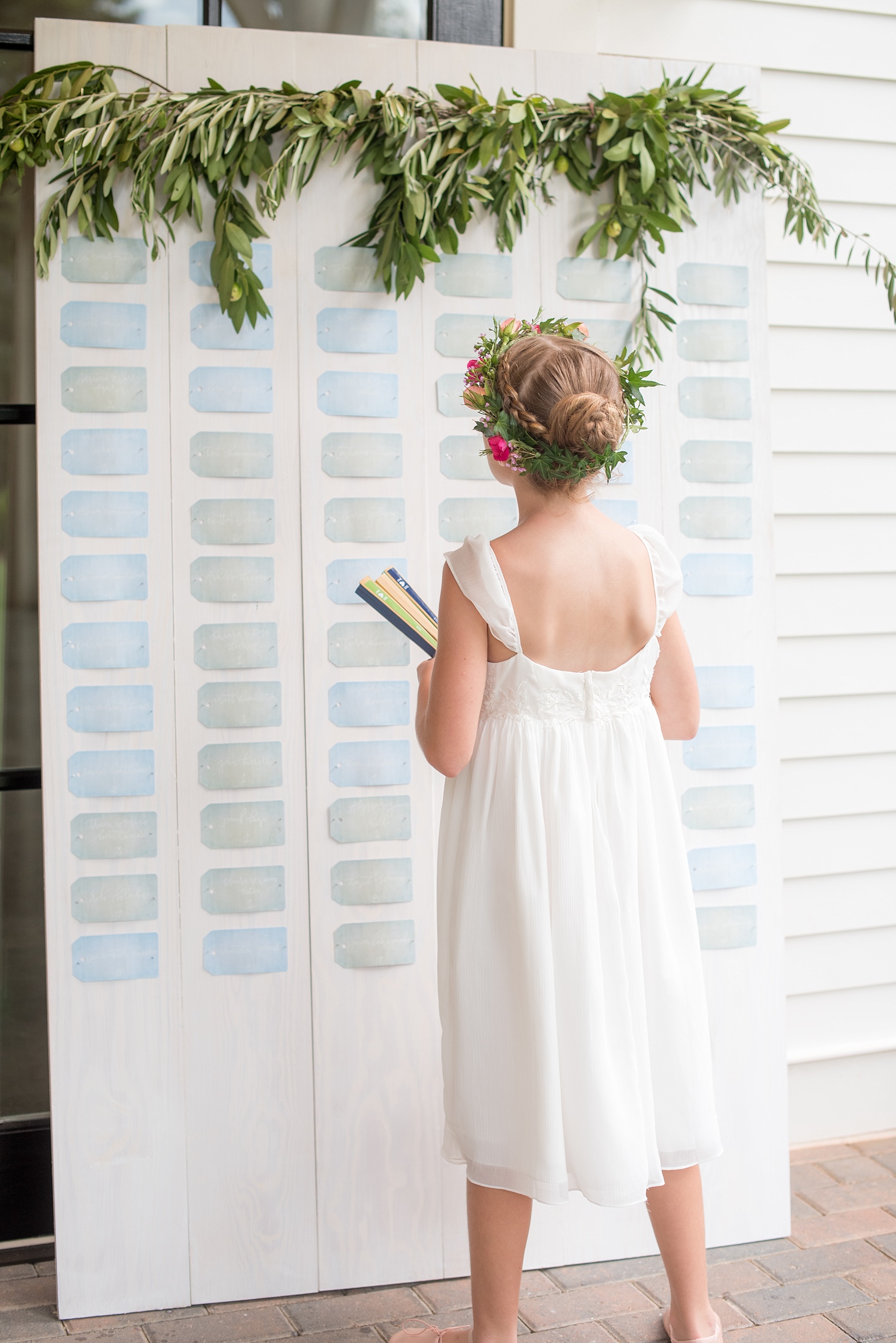 Mikkel Paige Photography wedding photos at The Merrimon-Wynne House in downtown Raleigh. A picture of the guest escort card board with blue and green tags with white calligraphy and eucalyptus garland.