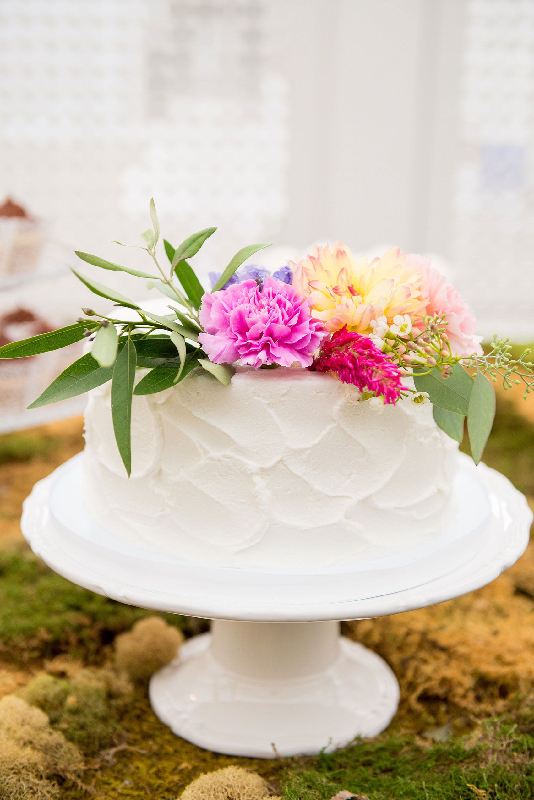 Mikkel Paige Photography wedding photos at The Merrimon-Wynne House in downtown Raleigh. A picture of the moss covered dessert table with multiple white cake and cupcakes.