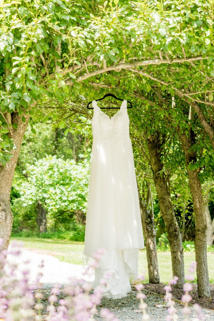 Mikkel Paige Photography photos of a wedding at Spring Hill Manor in Maryland. The bride's v-neck lace and tulle wedding gown with lavender!