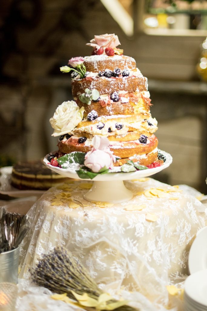 Mikkel Paige Photography photos of a wedding at Spring Hill Manor in Maryland. Image of the rustic exposed vanilla cake with cream, berry, flower and powdered sugar decoration.