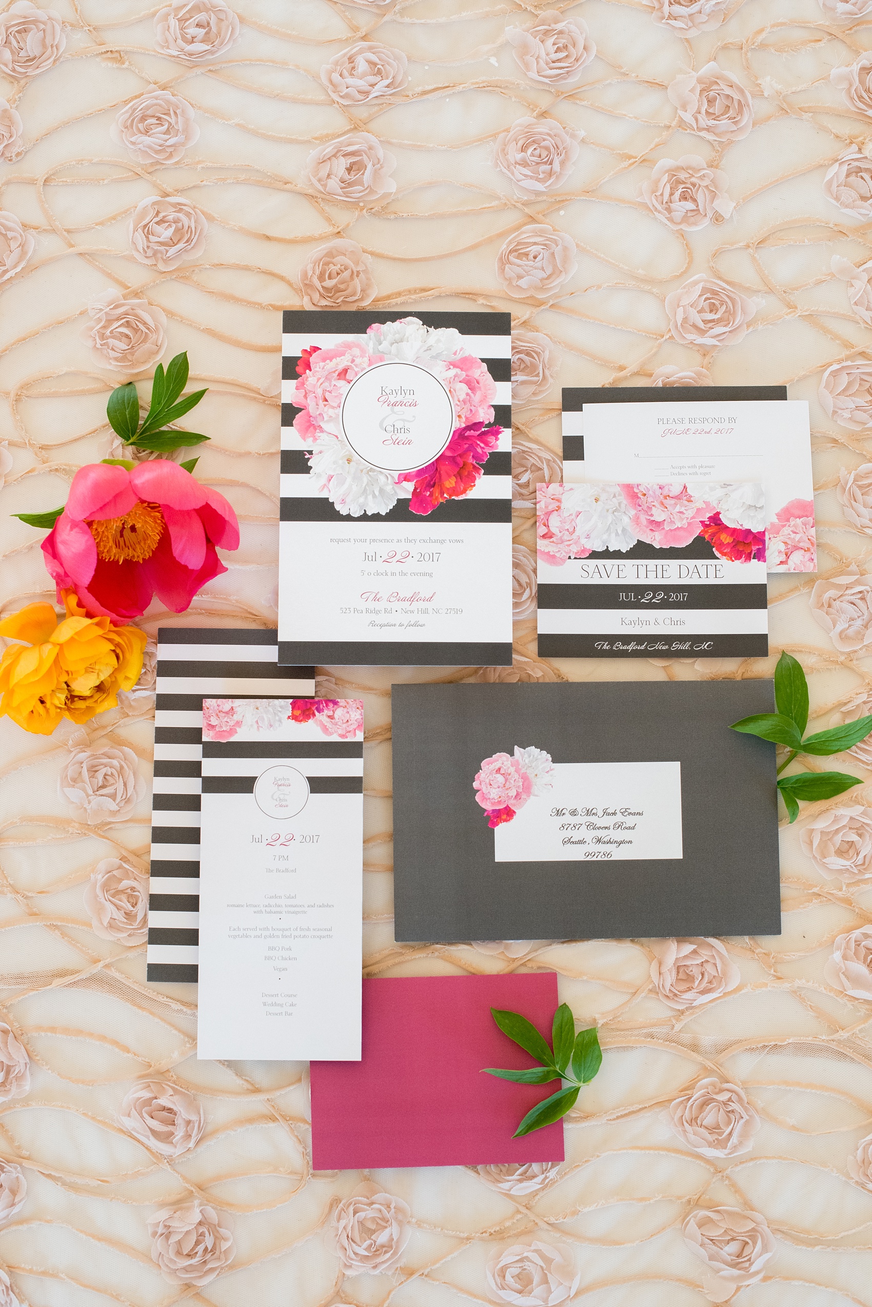 Mikkel Paige Photography wedding photo at The Bradford, NC. Modern pink, black and white striped invitation set.