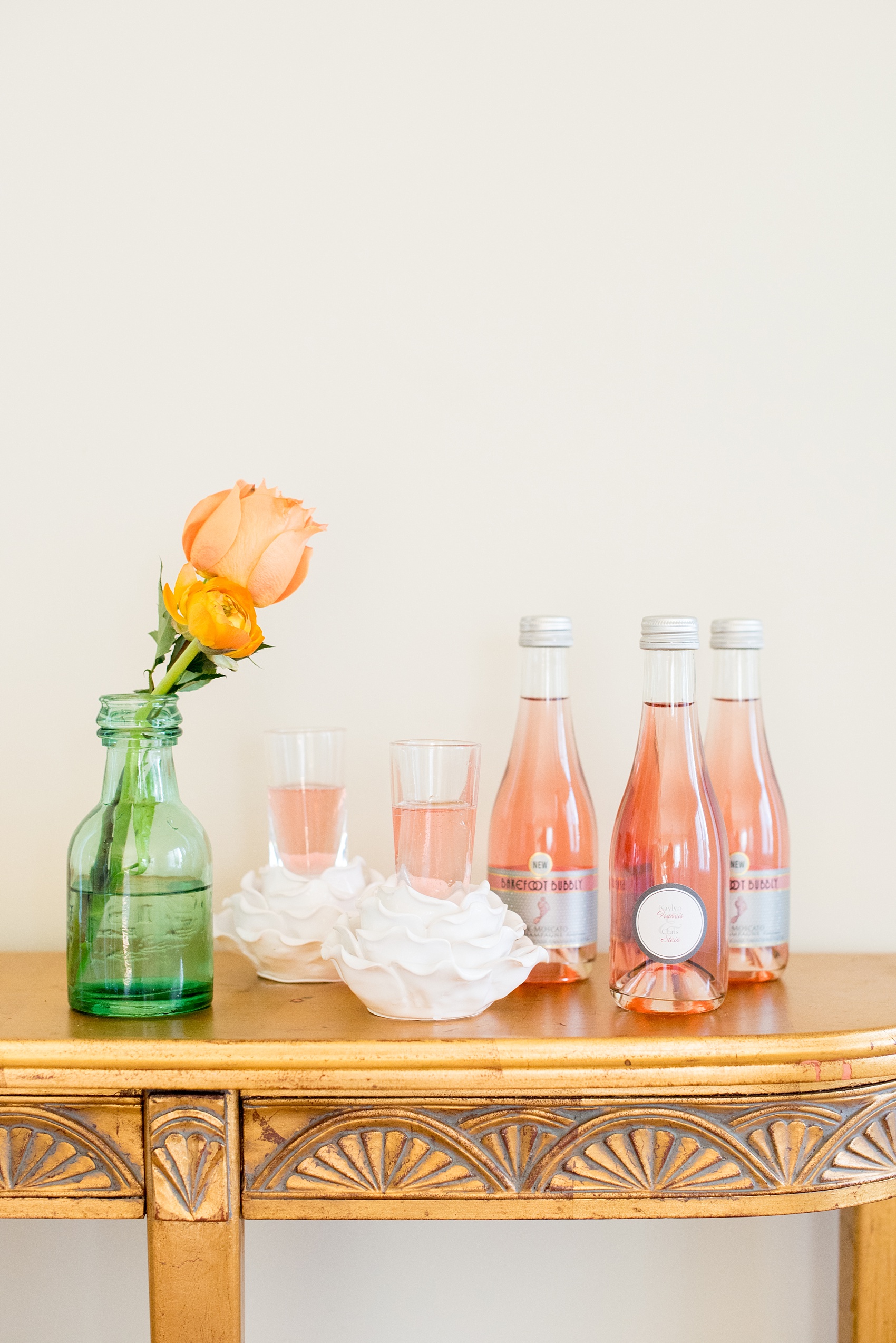 Mikkel Paige Photography wedding photo at The Bradford, NC. Pink rose champagne drink bar.