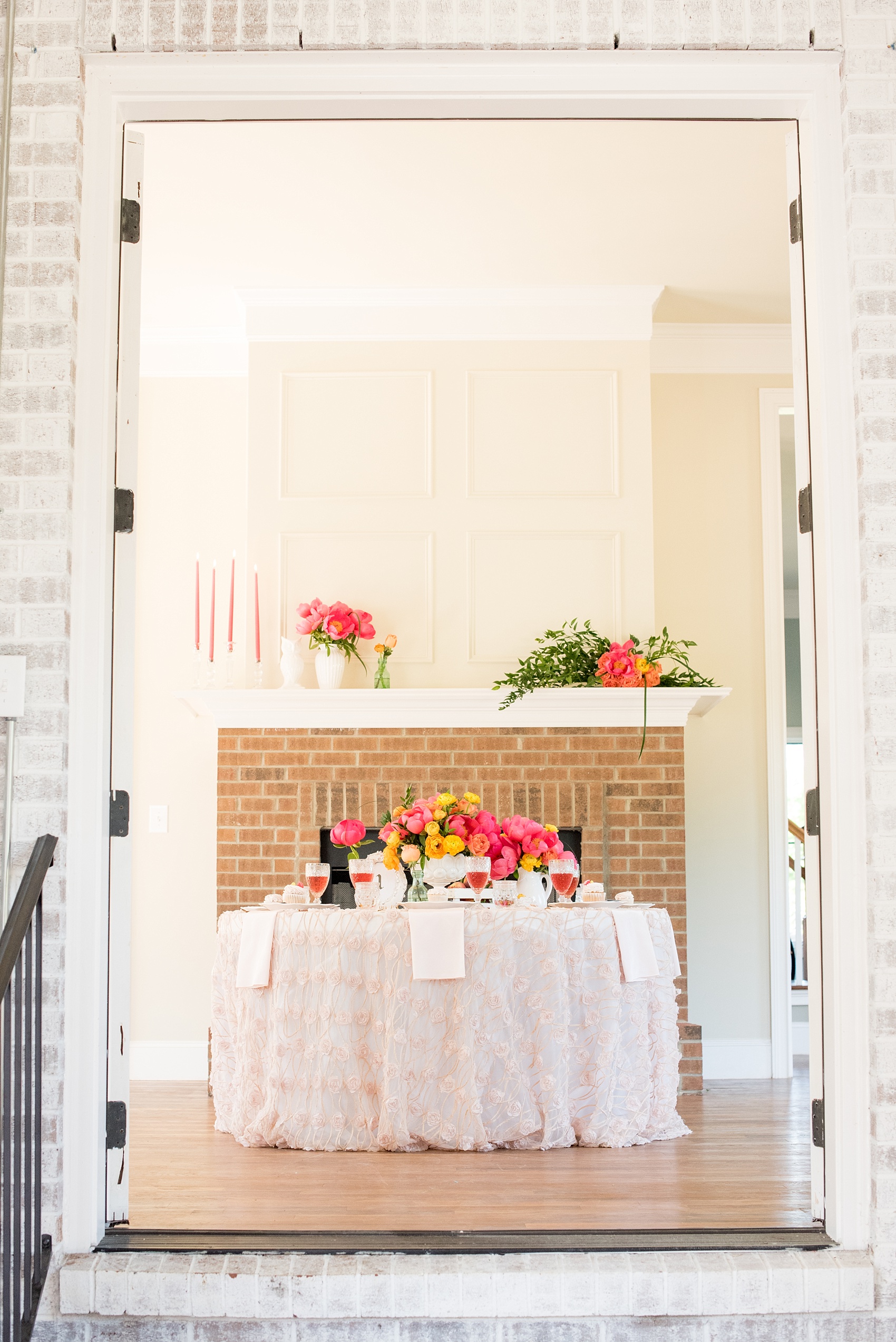 Mikkel Paige Photography wedding photo at The Bradford, NC. Modern pink, black and white striped invitation set.