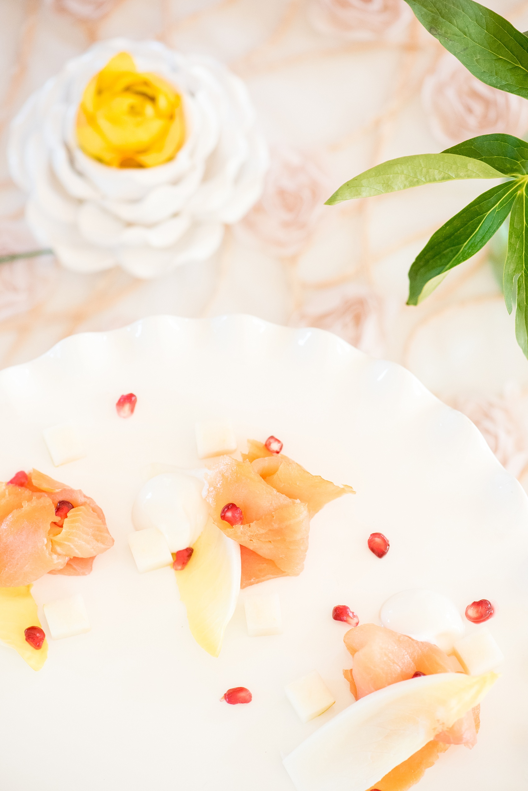 Mikkel Paige Photography wedding photo at The Bradford, NC. Salmon lox plate with pomegranate seeds by Belle's Catering. 