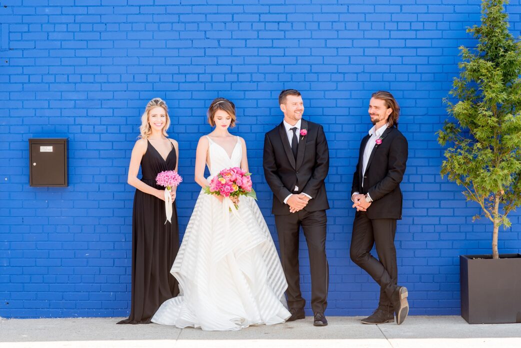 Mikkel Paige Photography photo of Dobbin St Brooklyn wedding. Striped white gown by Hayley Paige and pink peony bouquet. Planning and coordination by Color Pop Events.