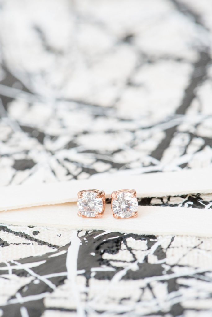 Mikkel Paige Photography photo of Dobbin St Brooklyn wedding. Planning and coordination by Color Pop Events. Rose gold diamond stud earrings by Susie Saltzman.