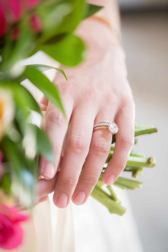 Mikkel Paige Photography photo of Dobbin St Brooklyn wedding. Planning and coordination by Color Pop Events. Rose gold and solitaire engagement ring by Susie Saltzman.