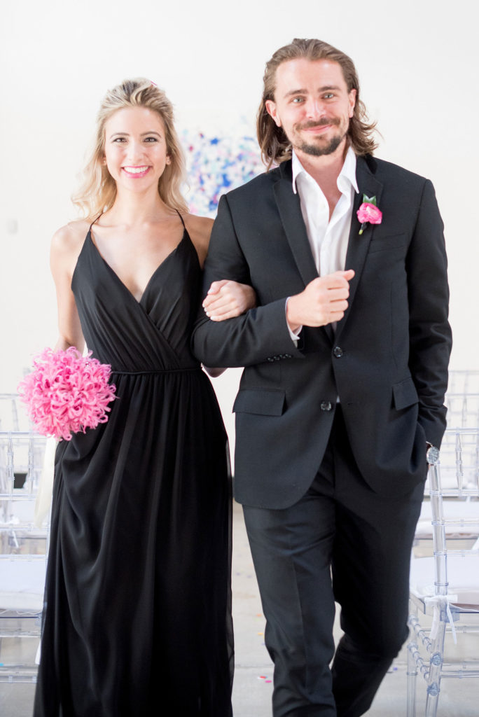 Mikkel Paige Photography photo of Dobbin St Brooklyn wedding. Planning and coordination by Color Pop Events. Bridesmaid and groomsman in classic black.