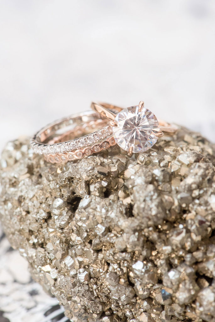 Mikkel Paige Photography photo of Dobbin St Brooklyn wedding. Planning and coordination by Color Pop Events. Rose gold and solitaire engagement ring by Susie Saltzman.