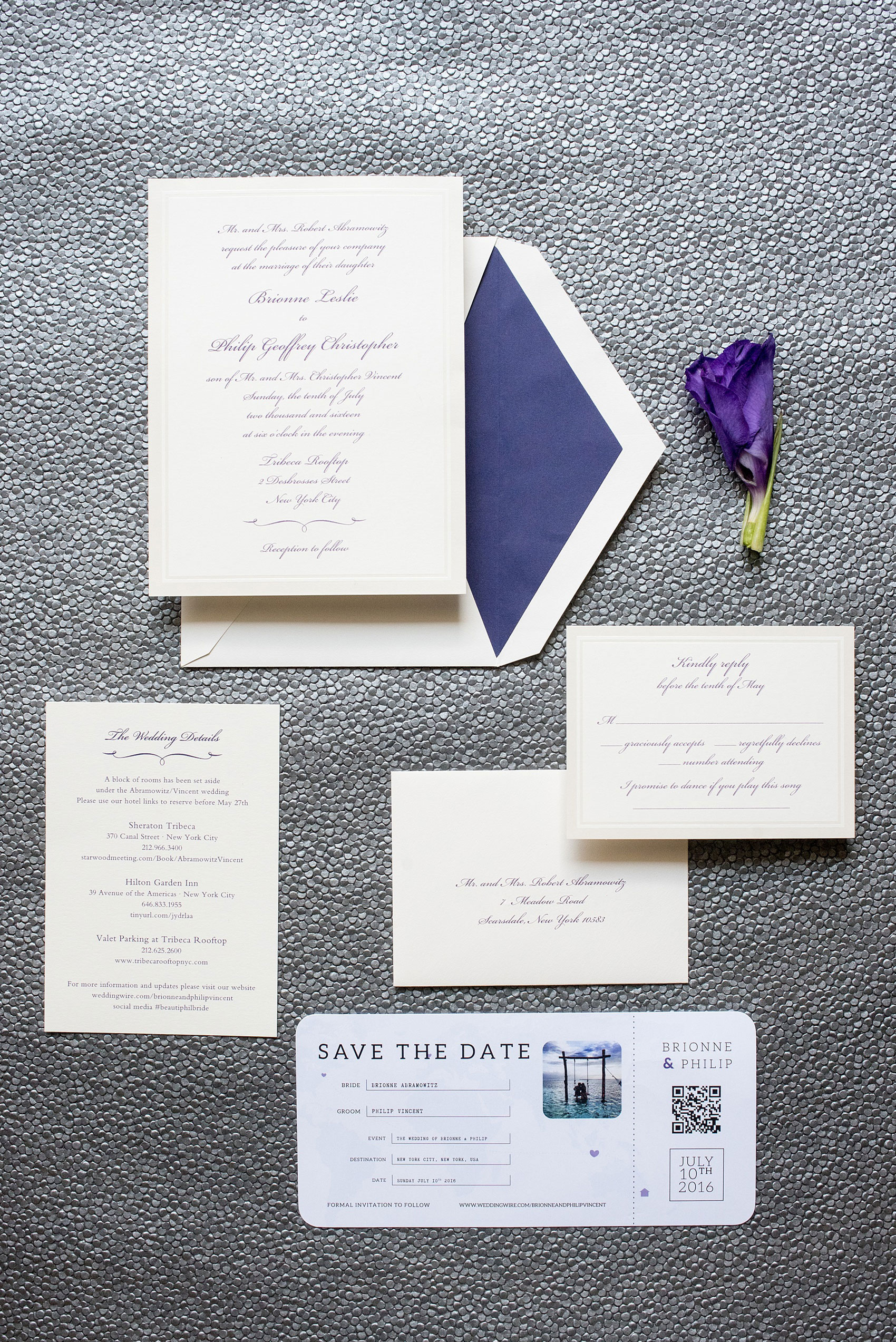 Mikkel Paige Photography photos of a NYC wedding at Tribeca Rooftop. Purple and off white classy wedding invitation and plane ticket save the date.
