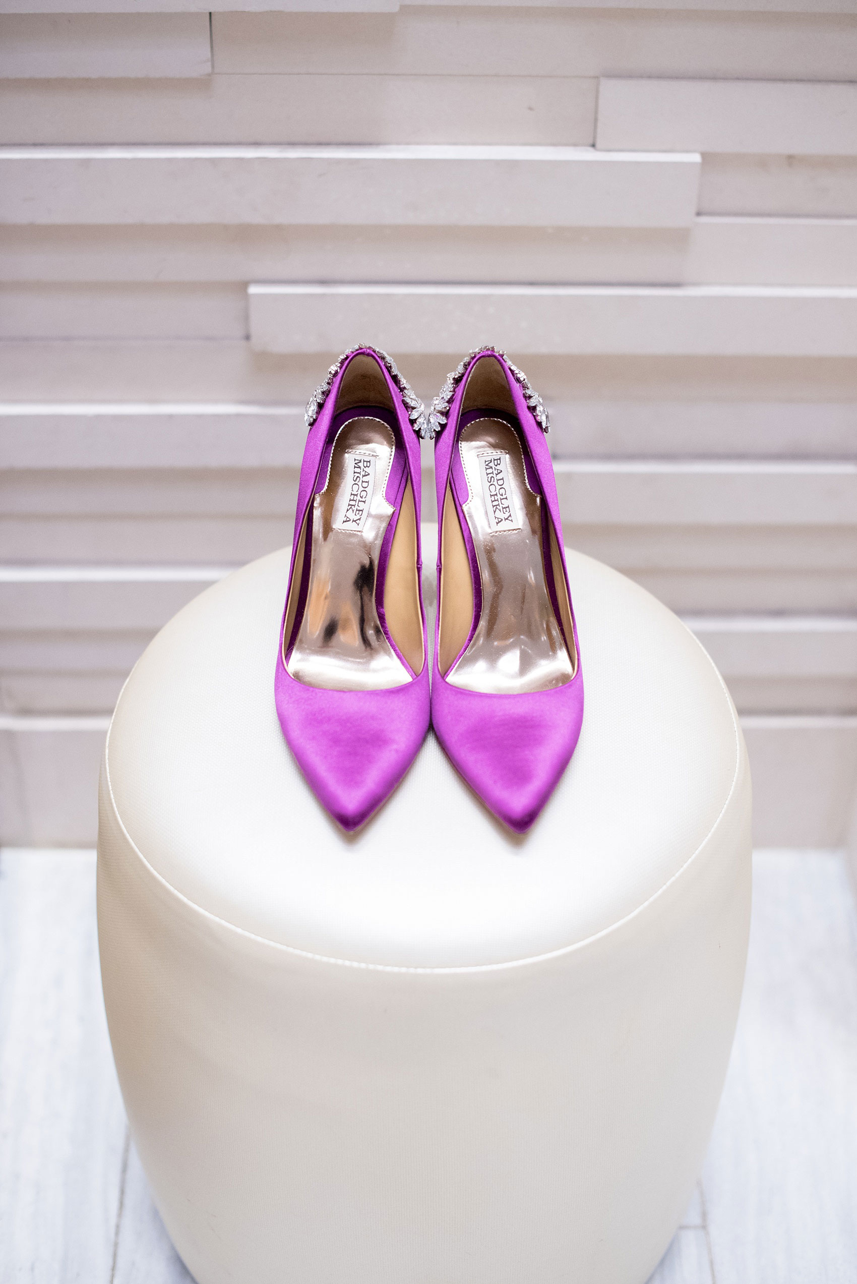 Mikkel Paige Photography photos of a NYC wedding at Tribeca Rooftop. The bride wore purple Badgley Mischka heels with jewels on them.