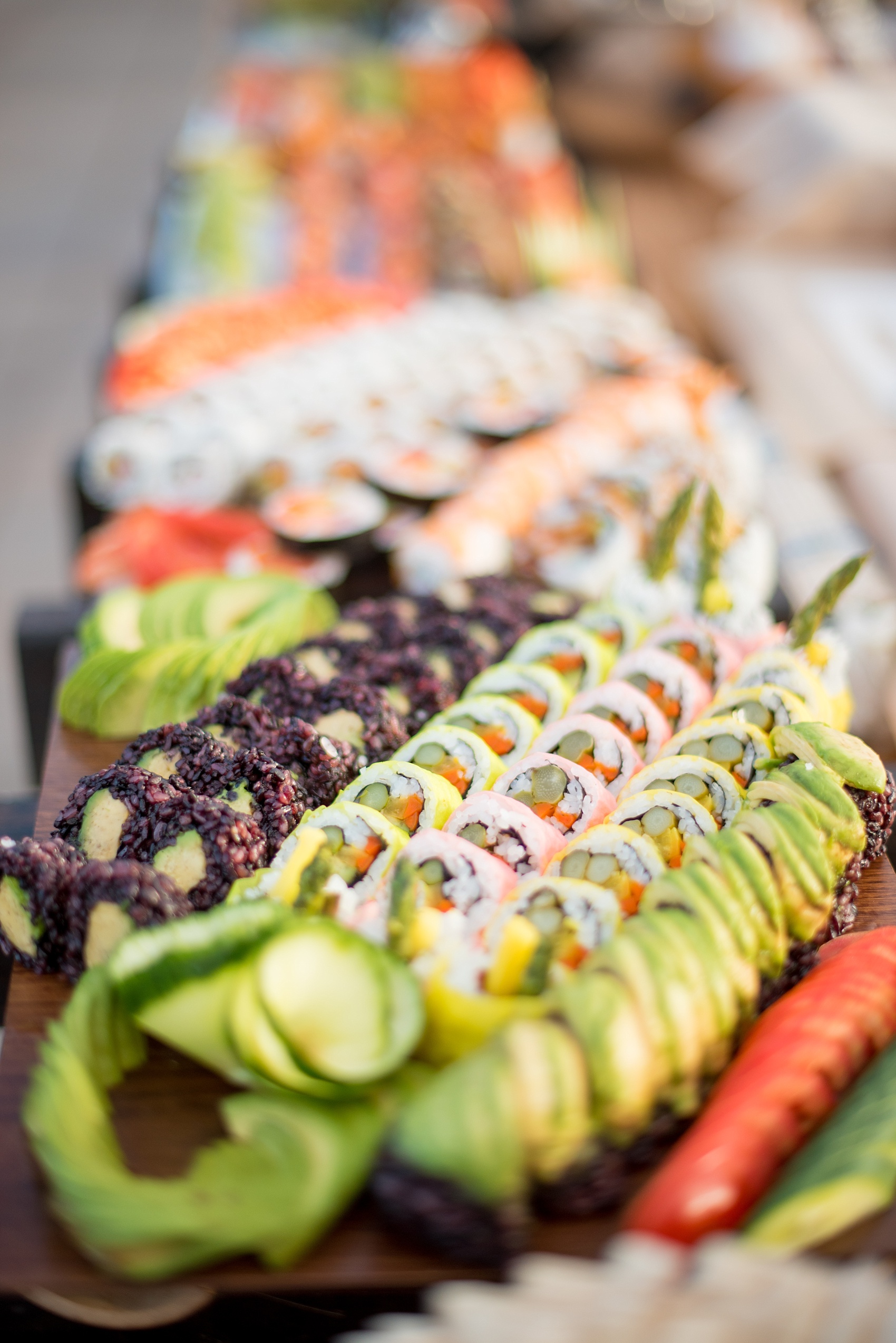 Mikkel Paige Photography photos of a NYC wedding at Tribeca Rooftop. An image of the cocktail hour sushi.