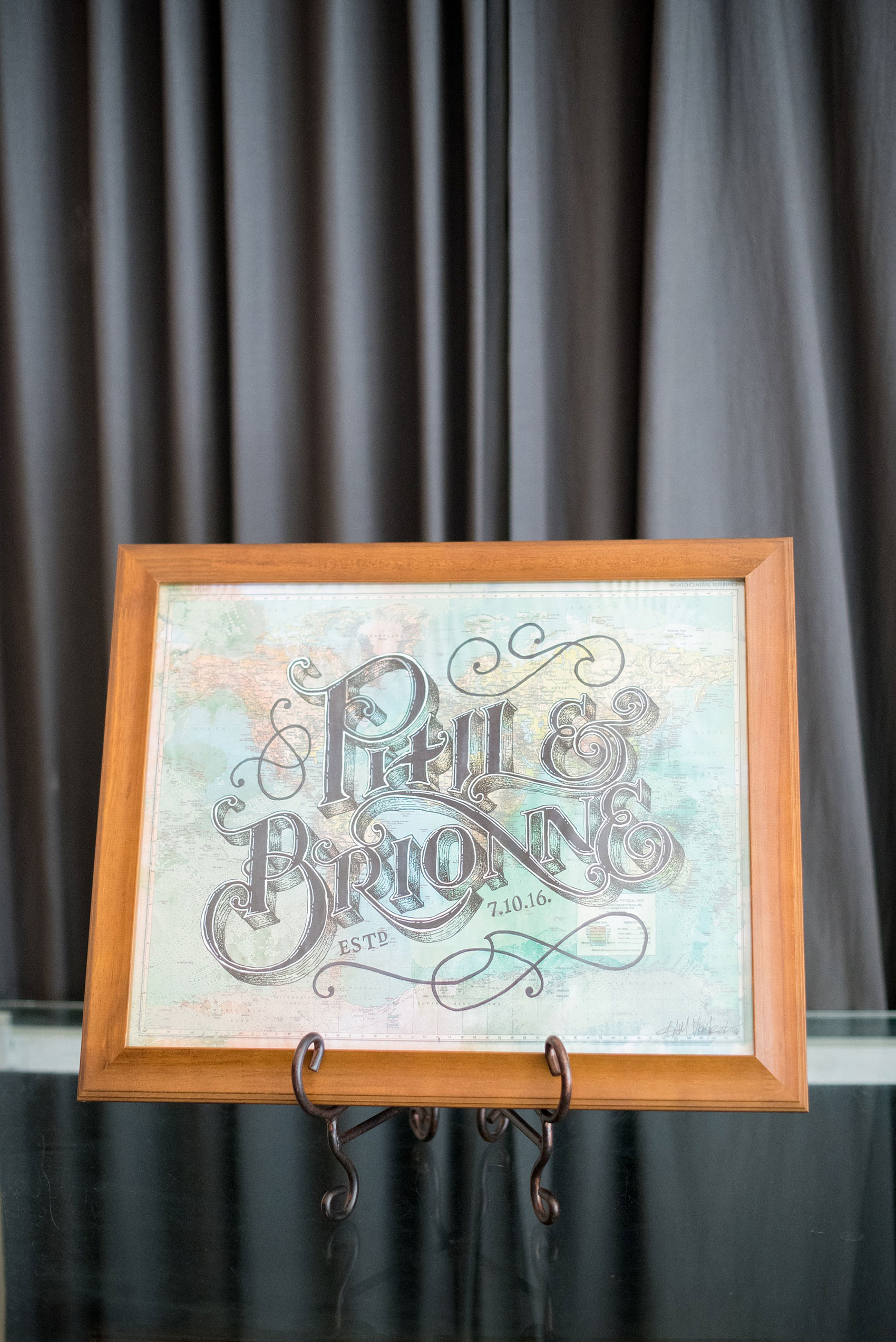 Mikkel Paige Photography photos of a NYC wedding at Tribeca Rooftop. An image of the custom bride and groom travel map with hand drawn lettering.