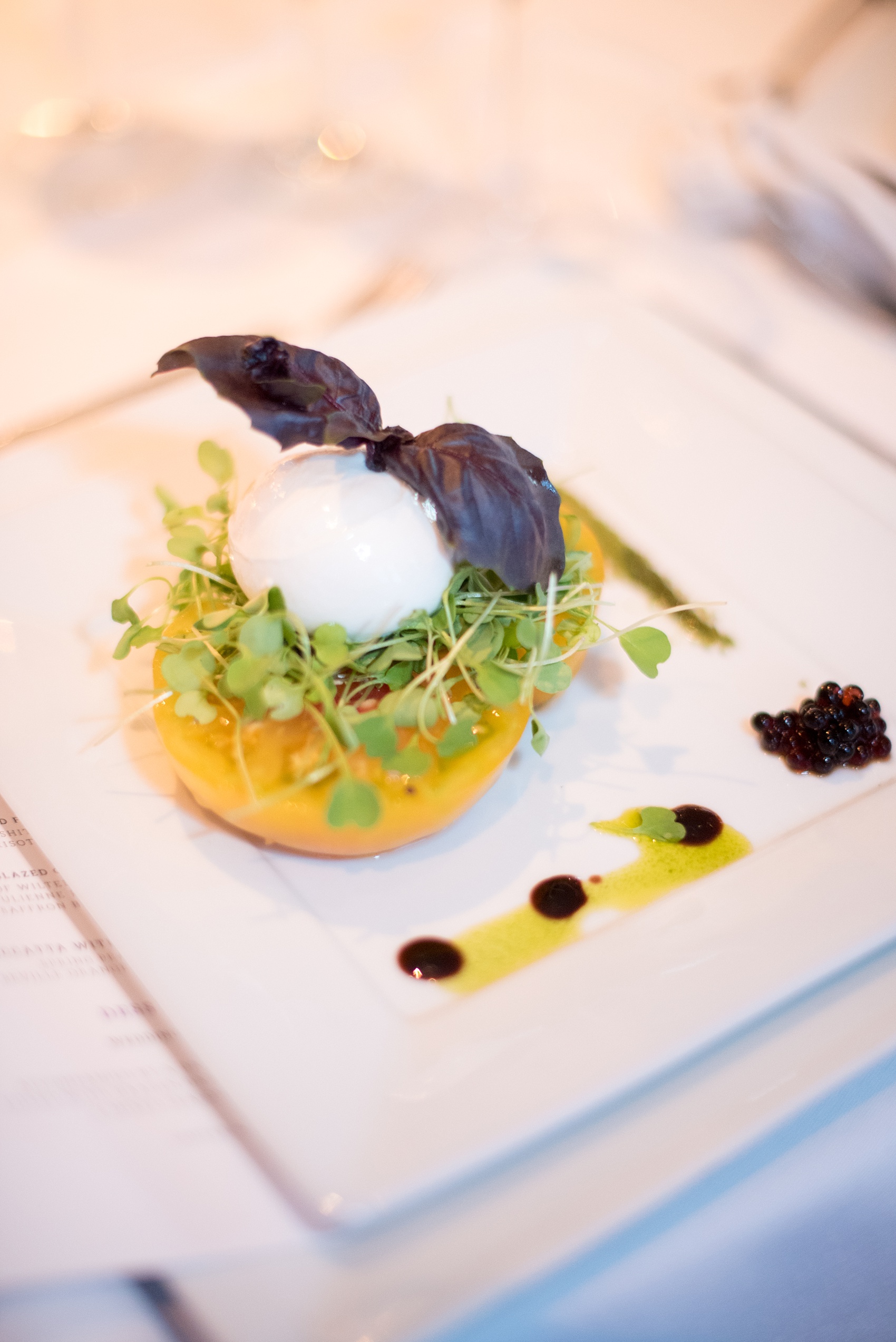 Mikkel Paige Photography photos of a NYC wedding at Tribeca Rooftop. An image of the tomato and mozzarella salad at the reception.