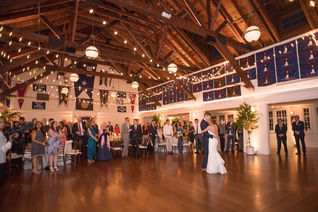 Mikkel Paige Photography picture of a Bay Head Yacht Club nautical wedding. The bride and groom share their first dance.