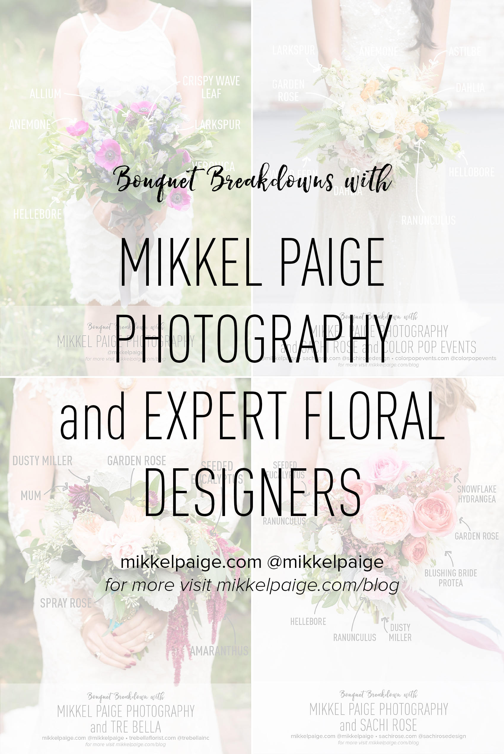 Mikkel Paige Photography does Bouquet Breakdown with flower labels identifying blossom varieties and types, with expert floral designers and florists.
