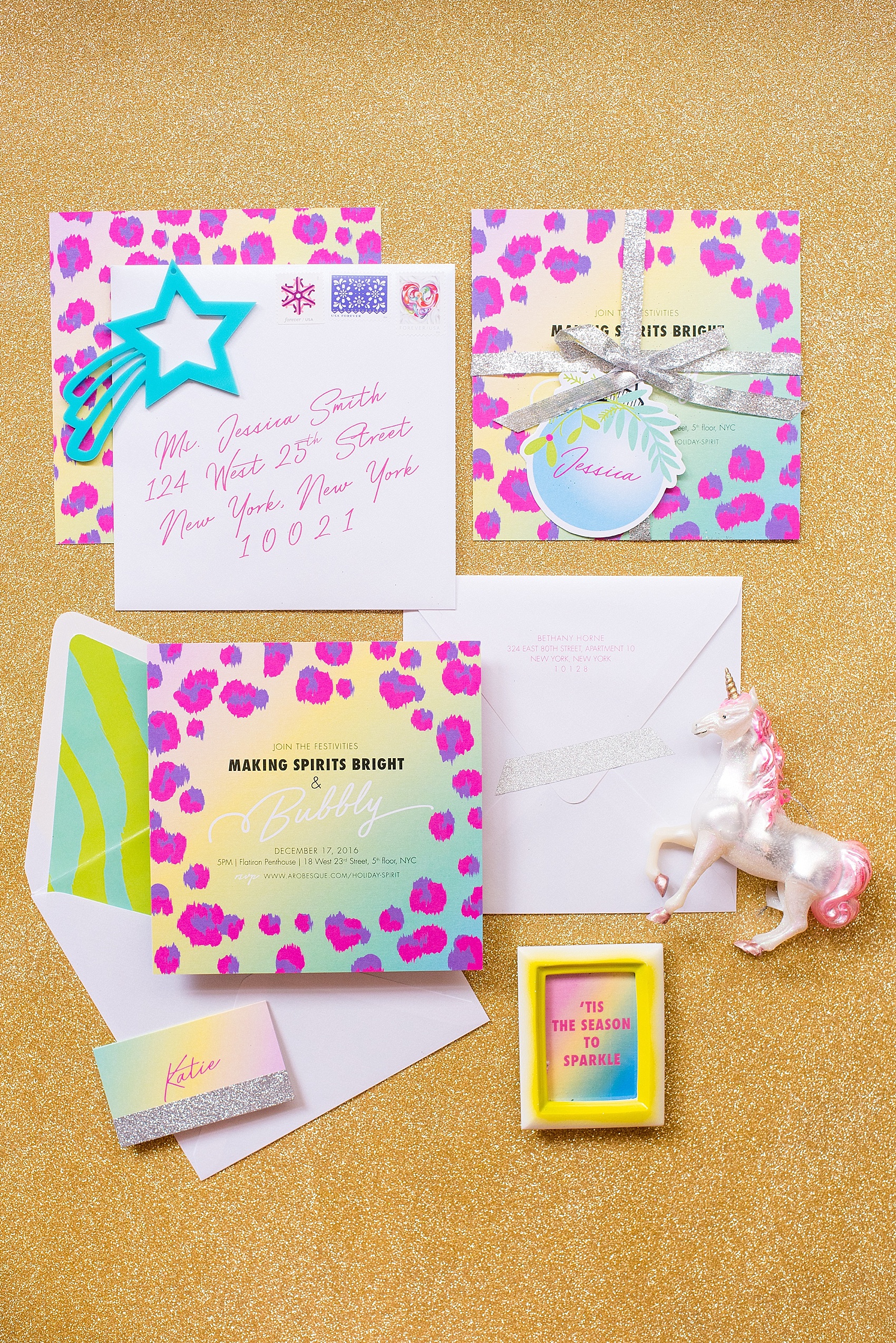 Mikkel Paige Photography photo of a colorful, holiday invitation for a Lisa Frank themed party with cheetah print.