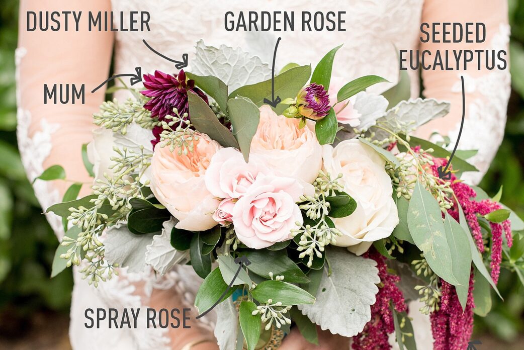 Mikkel Paige Photography bouquet breakdown of bridal flowers with Tre Bella in Durham for a wedding at The Carolina Inn. Pink Garden Roses, red Amaranthus, seeded Eucalyptus, Dusty Miller, Mums and Spray Roses.