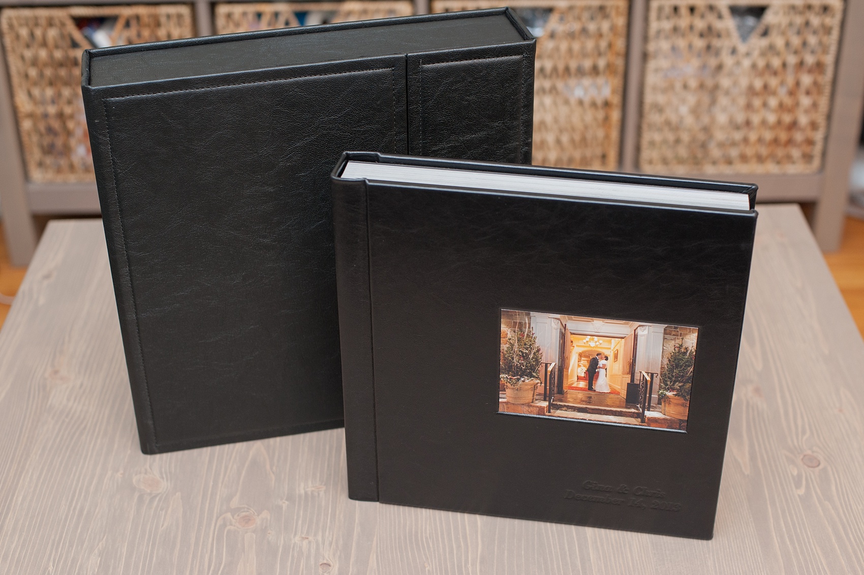 Mikkel Paige Photography black leather, fine-art wedding album option with cover debossing, inset photo and leather box.