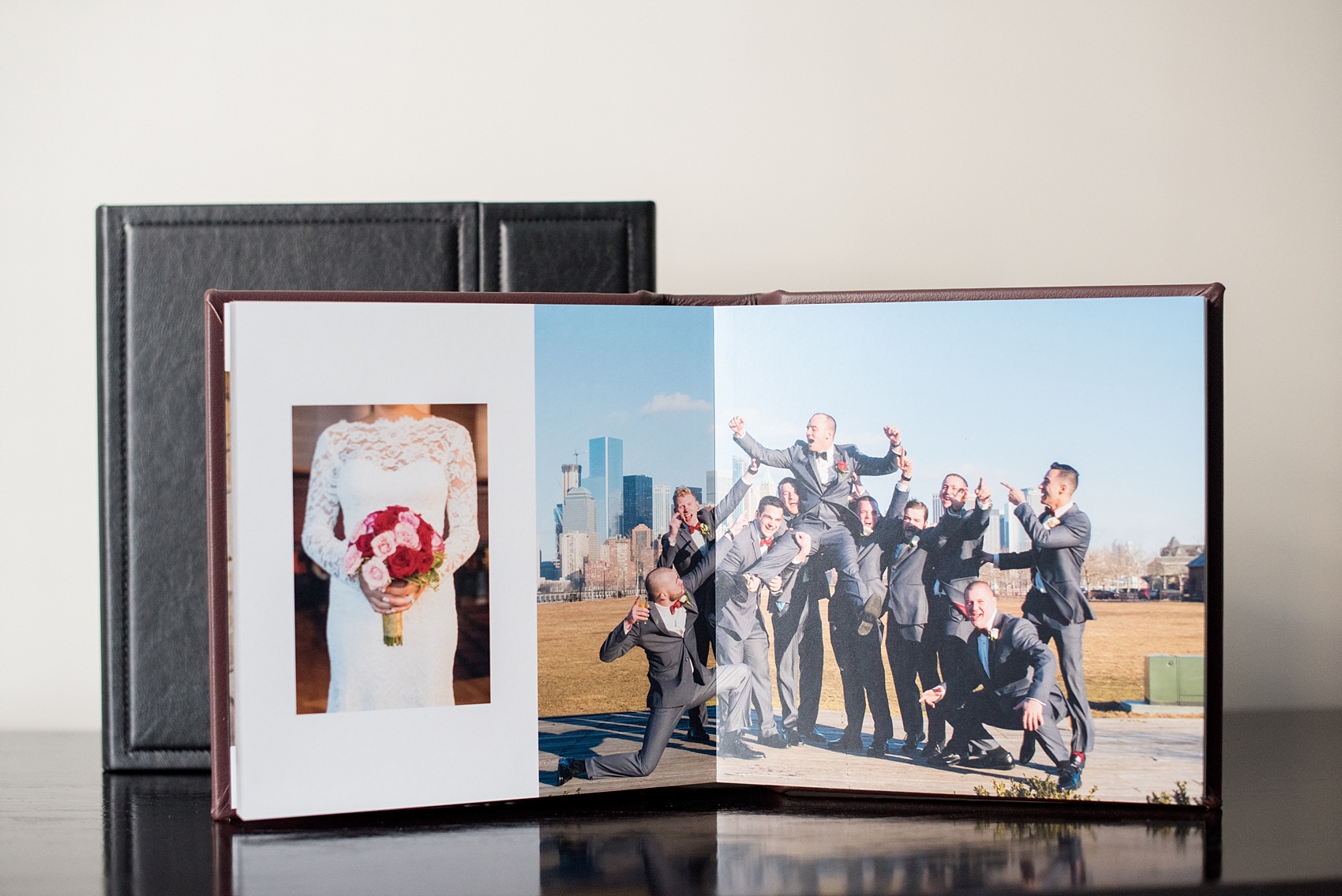 Mikkel Paige Photography photos of a fine art leather Madera wedding album in Oxblood. 12x12" album spread for the bride and groom.