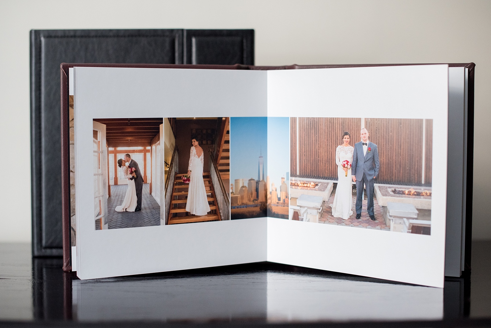 Mikkel Paige Photography photos of a fine art leather Madera wedding album in Oxblood. 12x12" album spread for the bride and groom.