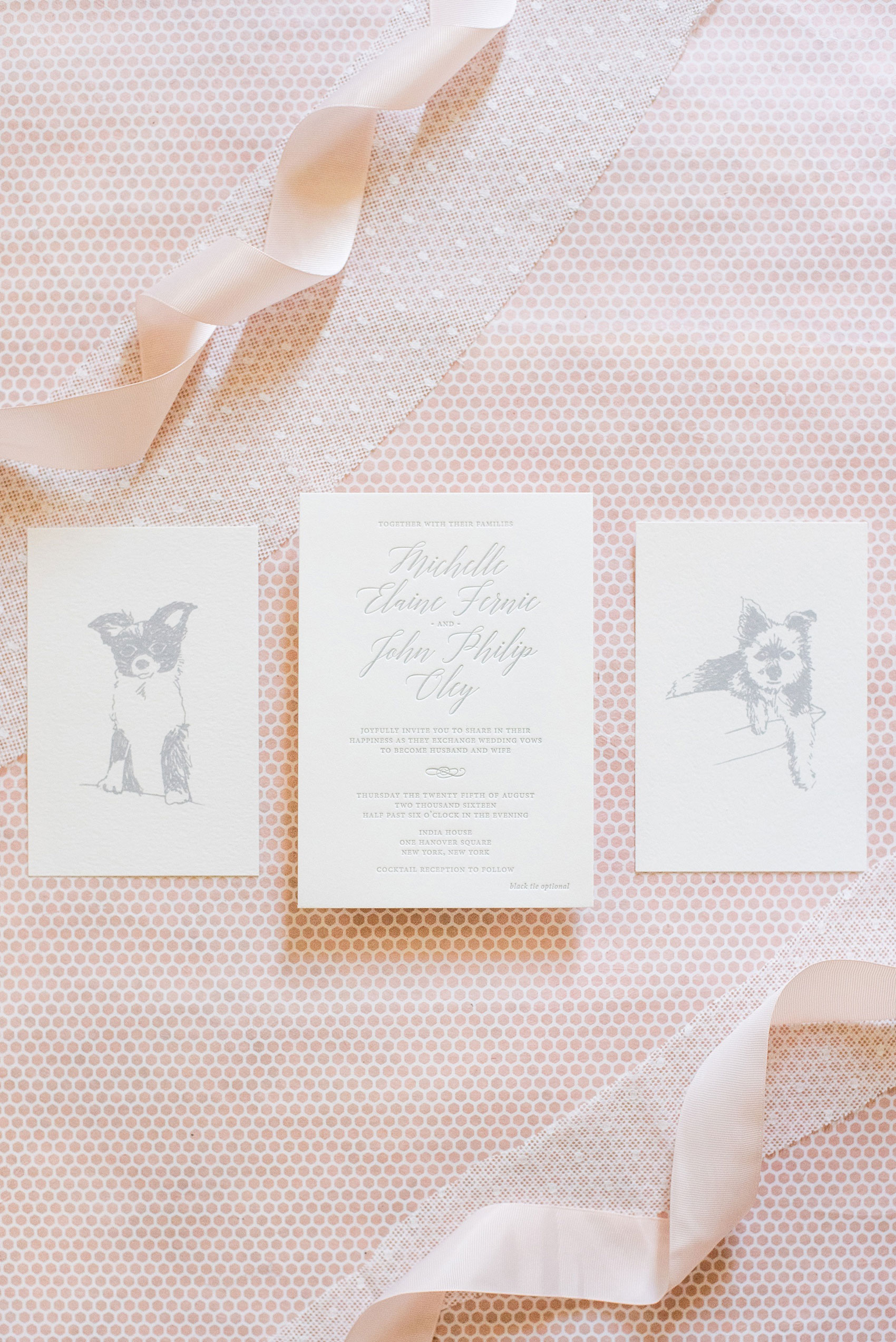 Mikkel Paige Photography captures a luxury wedding in NYC. Custom dog illustrations for the bride and groom's two dogs and a hand calligraphy custom invitation by Paper Studio.