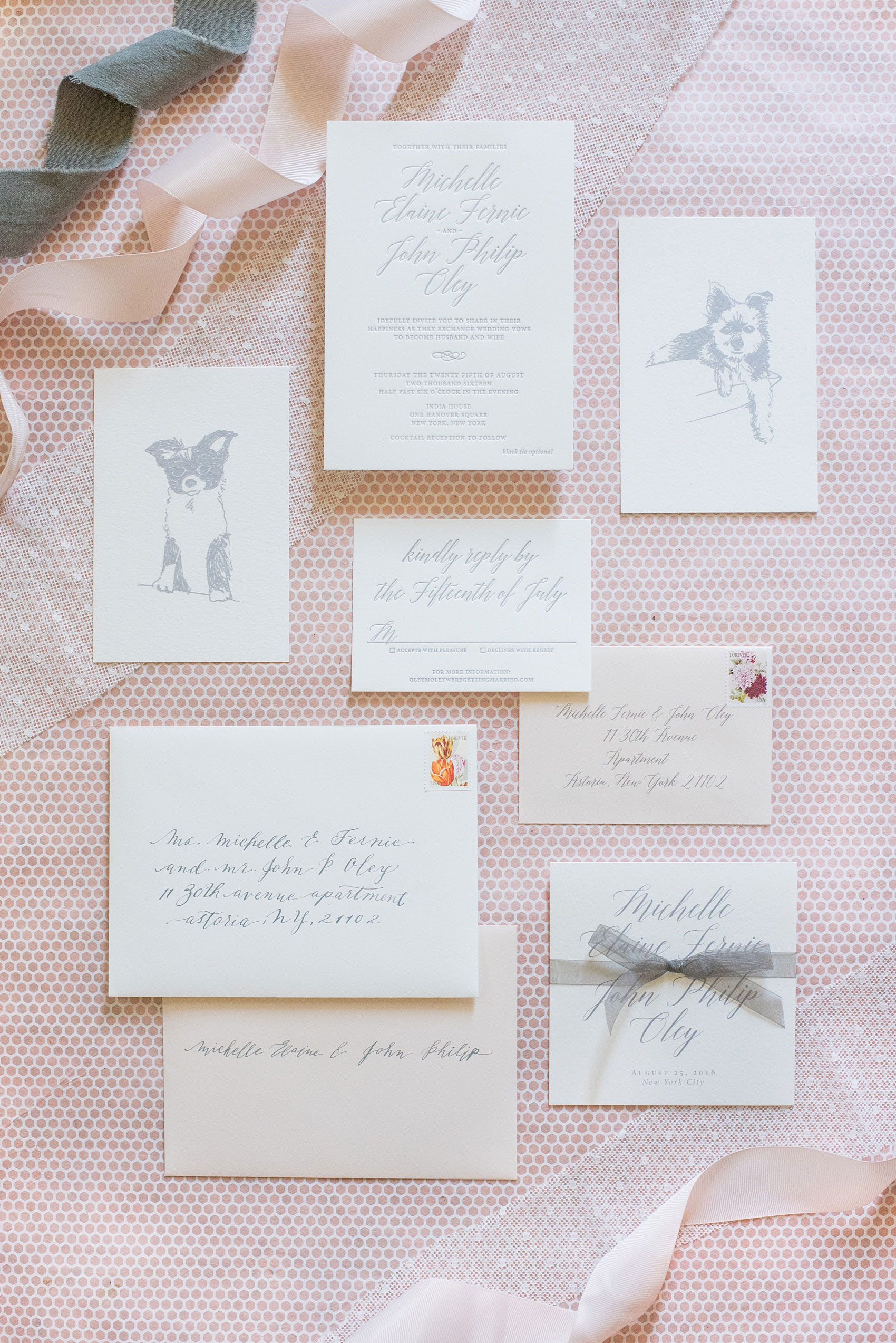 Mikkel Paige Photography captures a luxury wedding in NYC. Custom dog illustrations for the bride and groom's two dogs and a hand calligraphy custom invitation suite by Paper Studio.