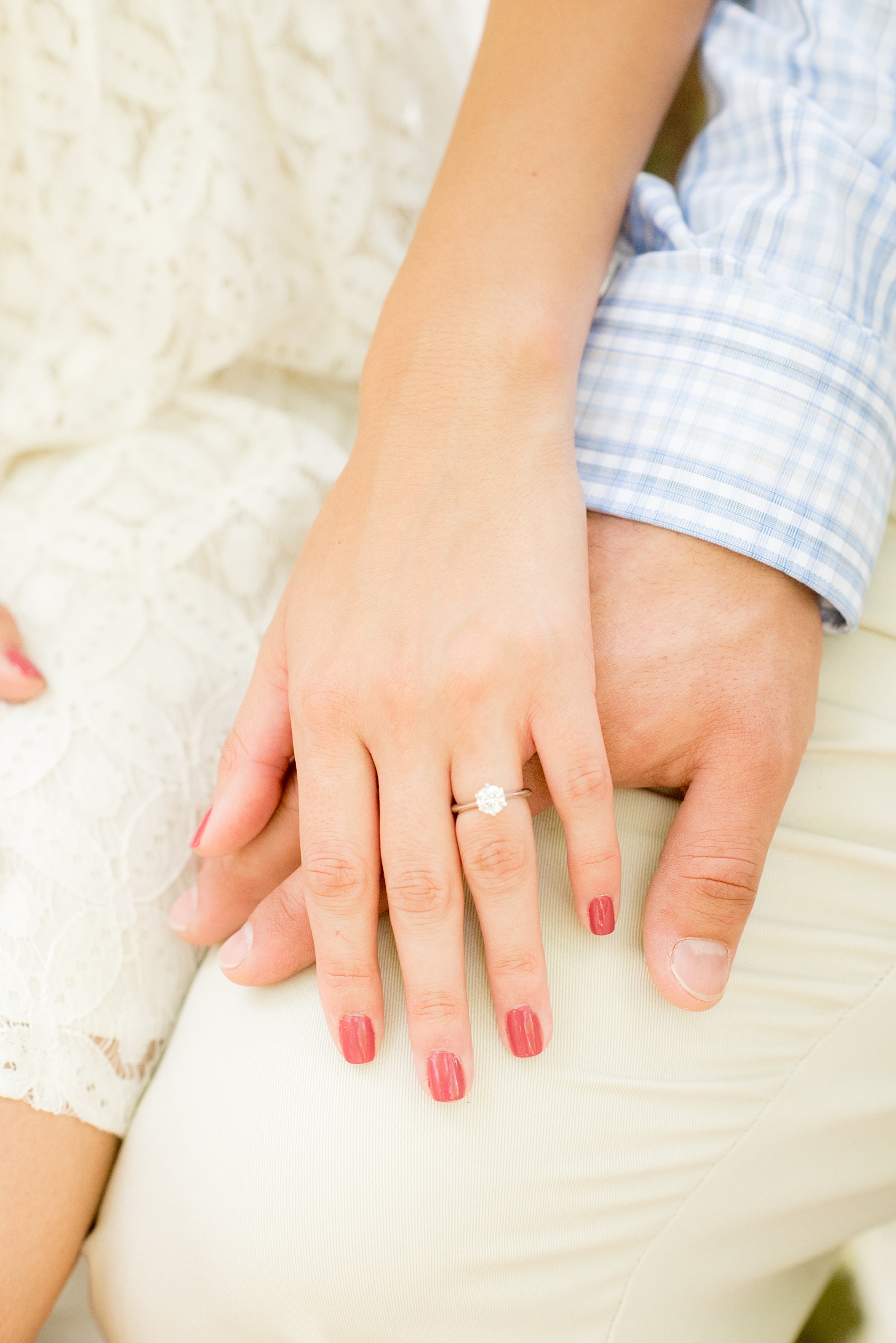 Mikkel Paige Photography photo of an Old Westbury Gardens engagement session on Long Island. Detail image of the round diamond white gold solitaire ring.