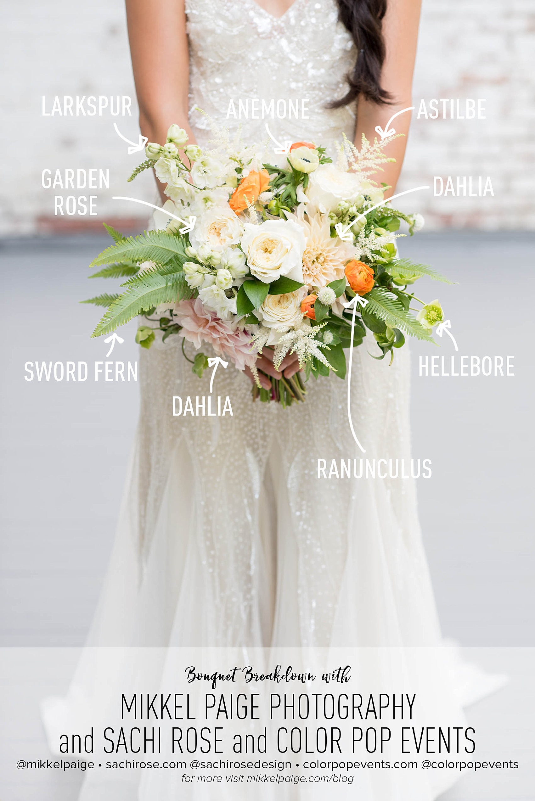 Mikkel Paige Photography bouquet breakdown of bridal flowers with Sachi Rose and Color Pop Events for a Southwood Estate wedding. Orange Ranunculus, Sword Ferns, white Dahlias, and Hellebore.