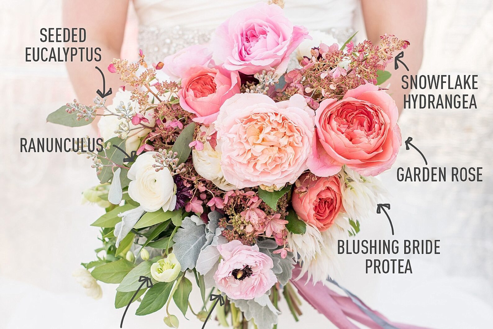 Mikkel Paige Photography bouquet breakdown of bridal flowers with Sachi Rose. Pink hues with Snowflake Hydrangea, Garden Roses, Ranunculus, and Hellebore.