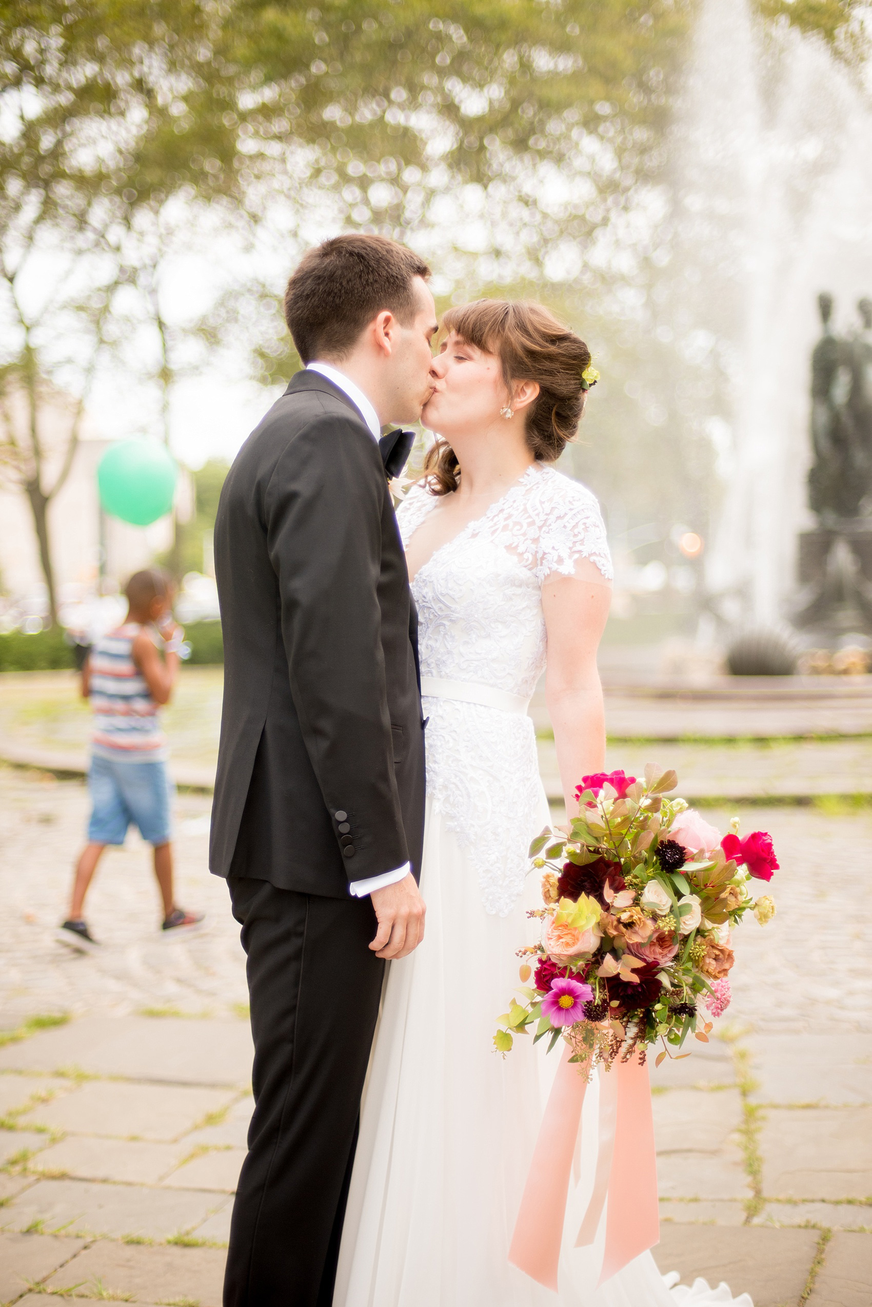 Mikkel Paige Photography photos of a first look at Grand Army Plaza for the bride and groom, with wedding at Prospect Park Boathouse in Brooklyn, NY.