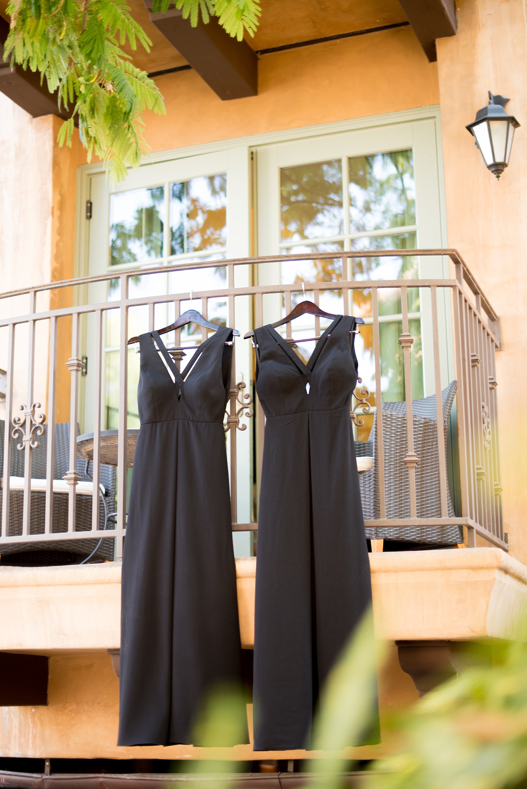 Mikkel Paige Photography photo of unique black bridesmaids gowns at Hotel Los Gatos California for a wedding at Testarossa Winery.