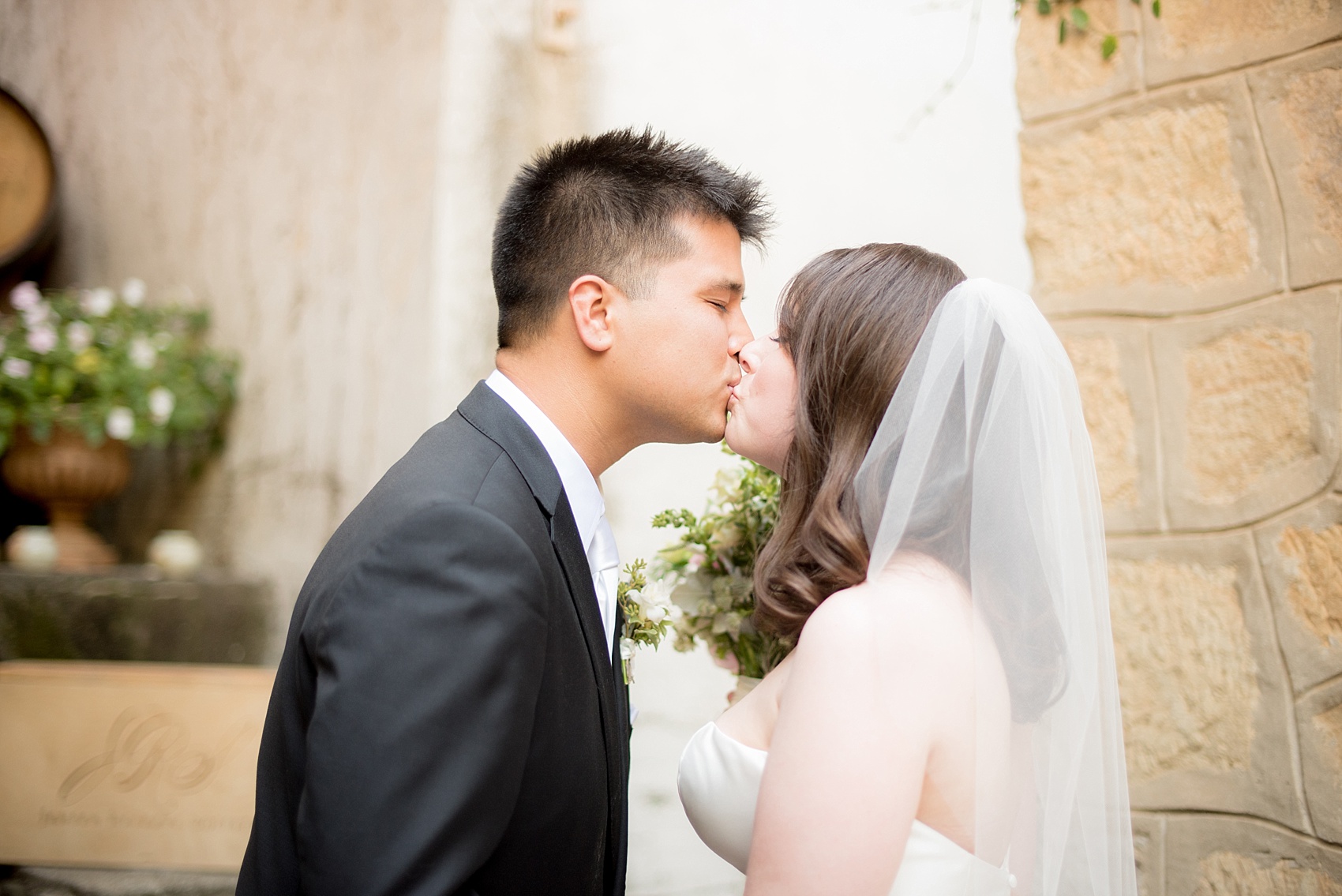 Mikkel Paige Photography photo of the bride and groom's first look for their wedding at Testarossa Winery in Los Gatos, California.