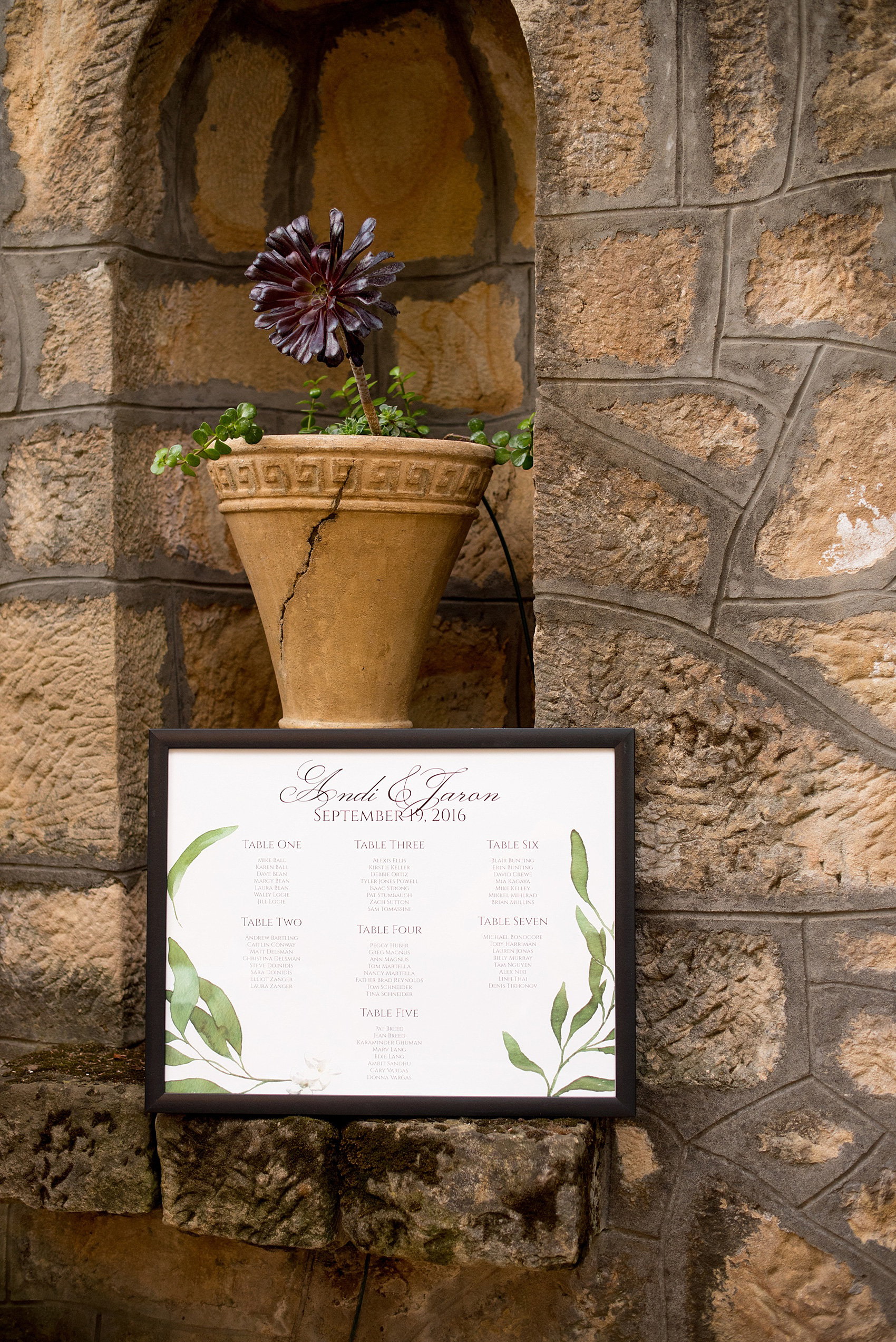 Mikkel Paige Photography photo of the framed table sign at a Testarossa Winery wedding in Los Gatos, California.