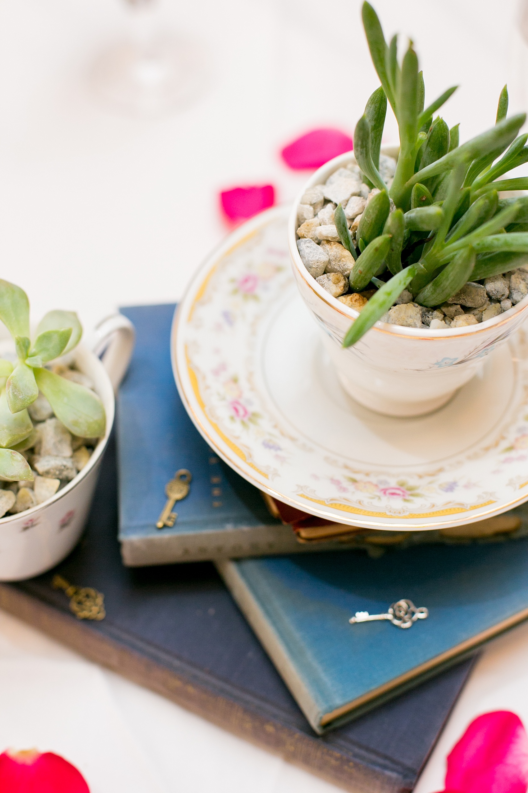 Mikkel Paige Photography photos of a gay wedding, at The Manor in West Orange, NJ. Image of their reception centerpieces including vintage books, teacups and succulent plants.