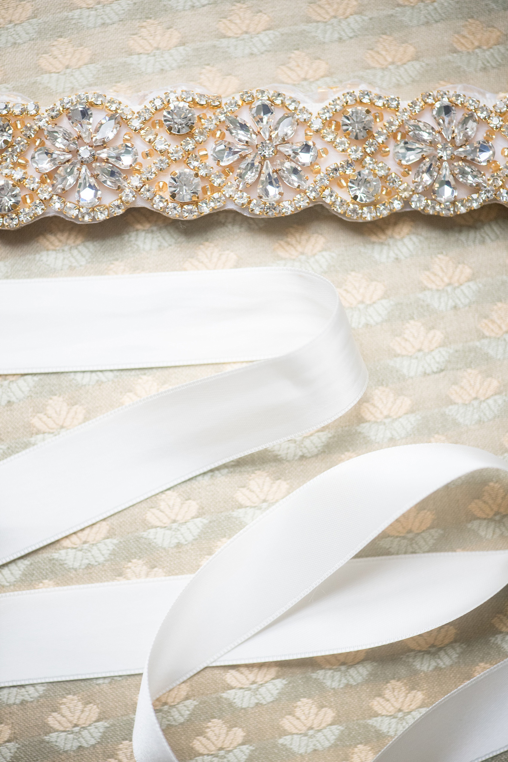 Mikkel Paige Photography photos from a Merrimon-Wynne House wedding in Raleigh. Two brides tie the knot during their same-sex fall wedding. Detail image of the bride's rhinestone belt.