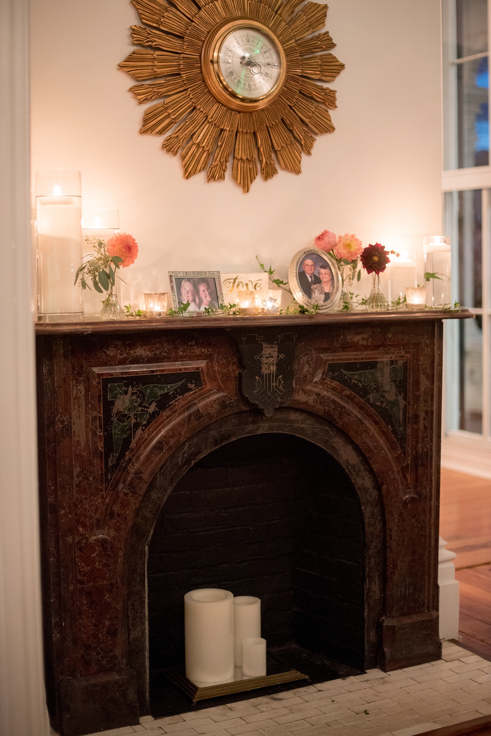 Mikkel Paige Photography photos from a Merrimon-Wynne House wedding in Raleigh complete with cozy interior fireplace details.