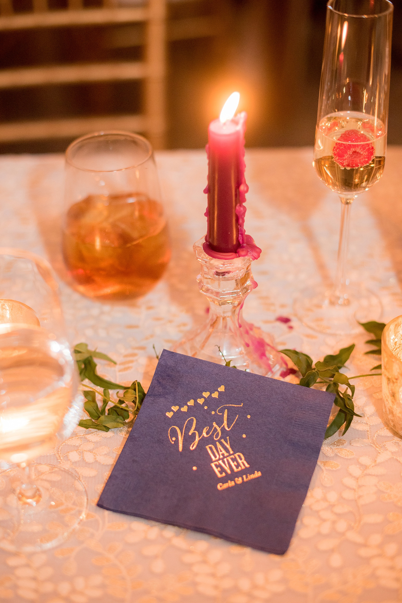 Mikkel Paige Photography photos from a Merrimon-Wynne House wedding in Raleigh. The brides had custom "Best Day Ever" blue cocktail napkins with gold foil writing.