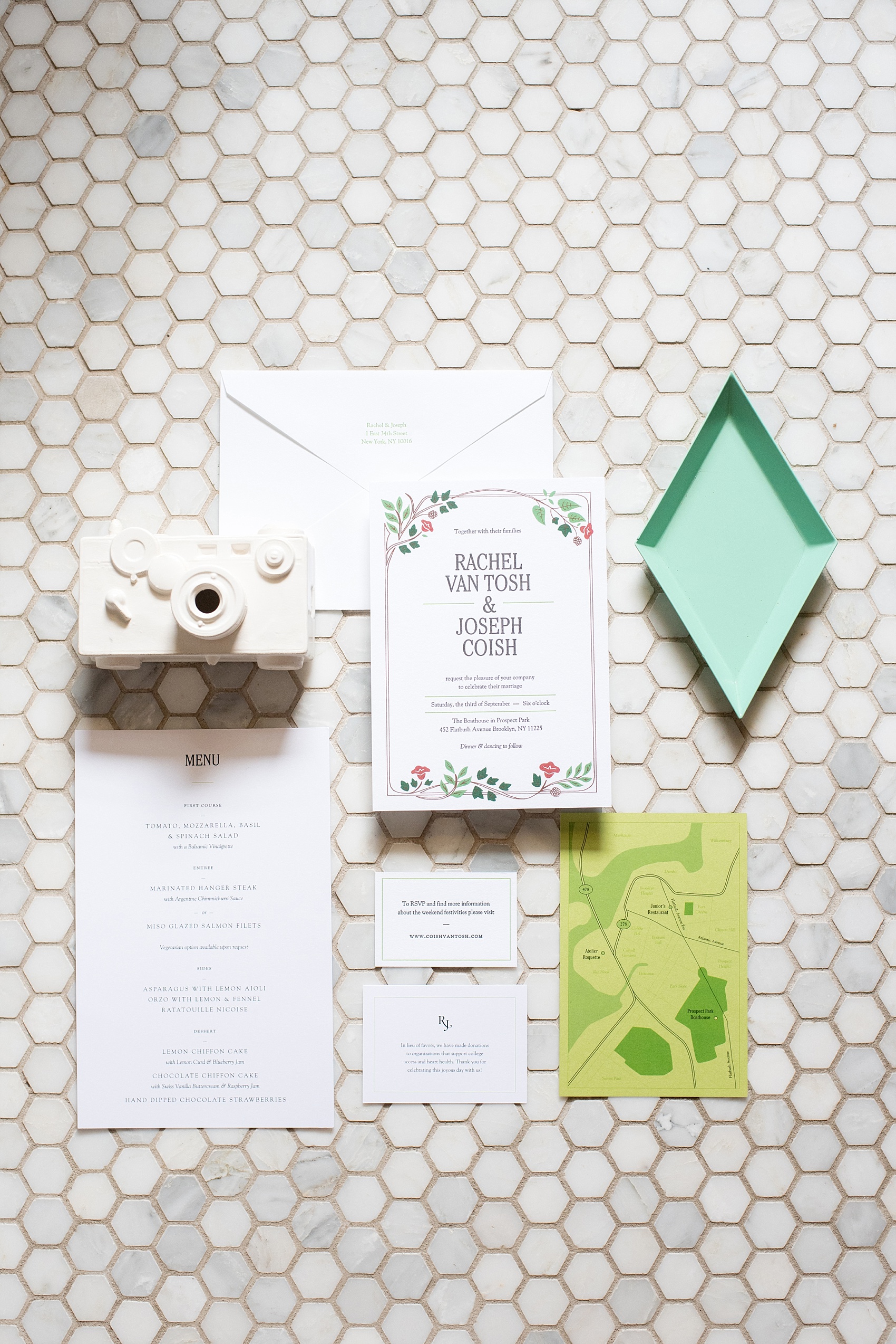 Mikkel Paige Photography photos of a wedding at Prospect Park Boathouse in Brooklyn, NY. Elegant invitation with an Arts and Crafts feel for a summer affair in the city.