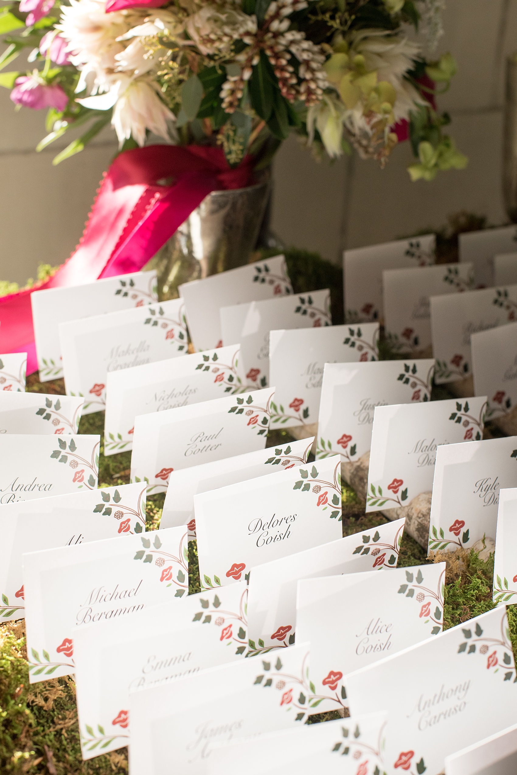 Mikkel Paige Photography photo of a woodsy escort card table at a Prospect Park Boathouse wedding.