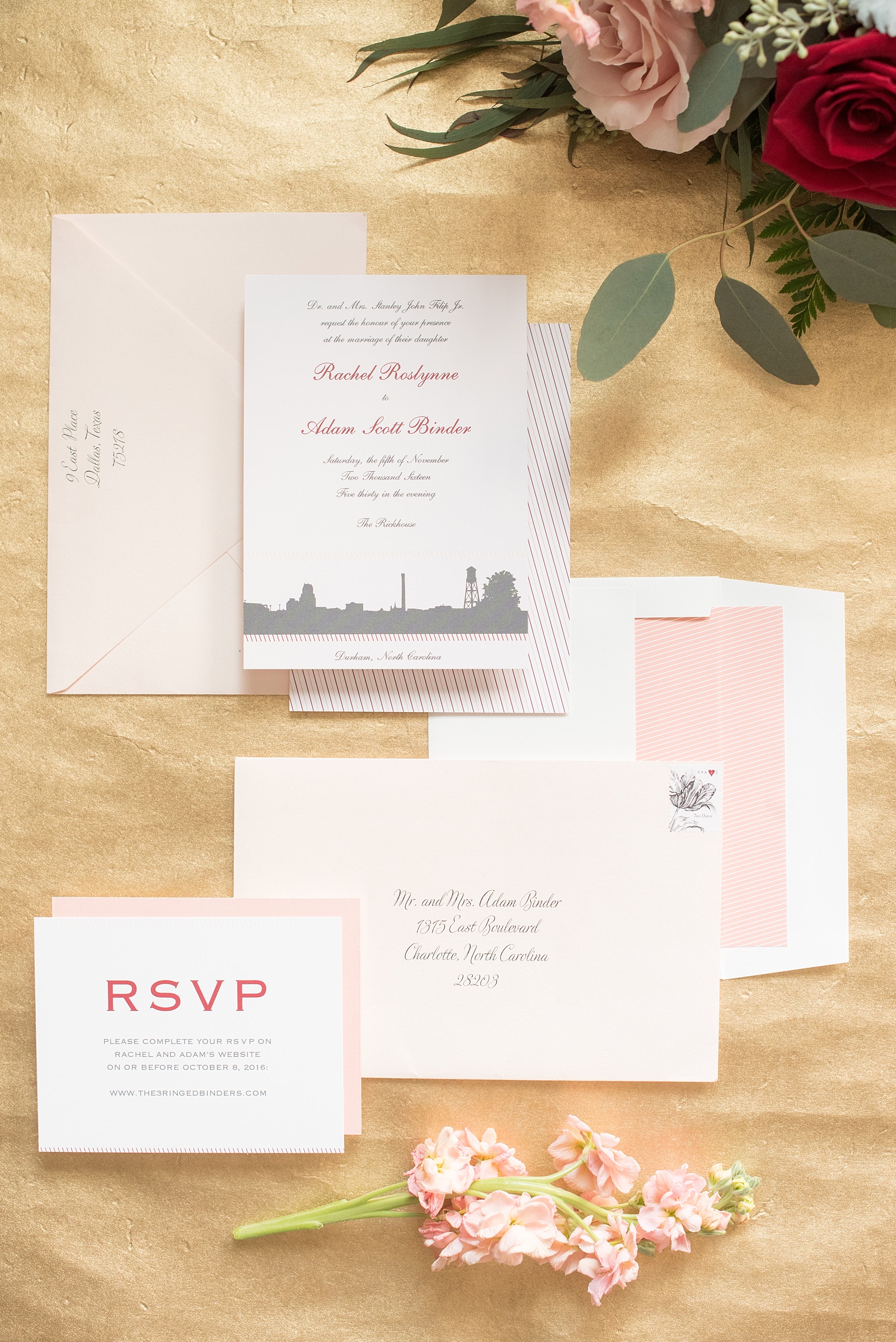 Mikkel Paige Photography photo of a peach and burgundy invitation suite for a wedding at The Rickhouse, Durham.