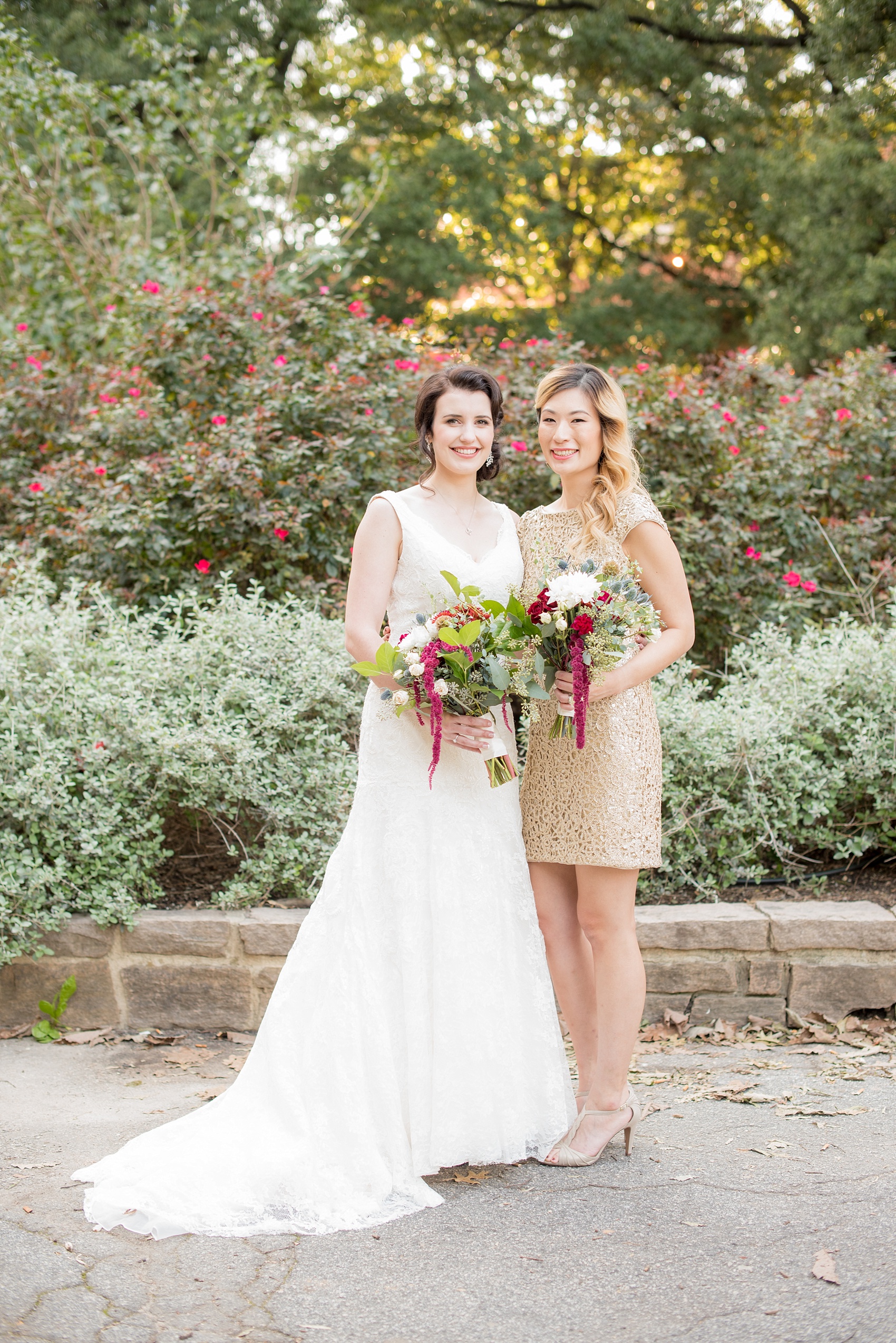 Mikkel Paige Photography photos of a fall wedding in downtown Raleigh with bridesmaids in short gold dresses by Adriana Papell.