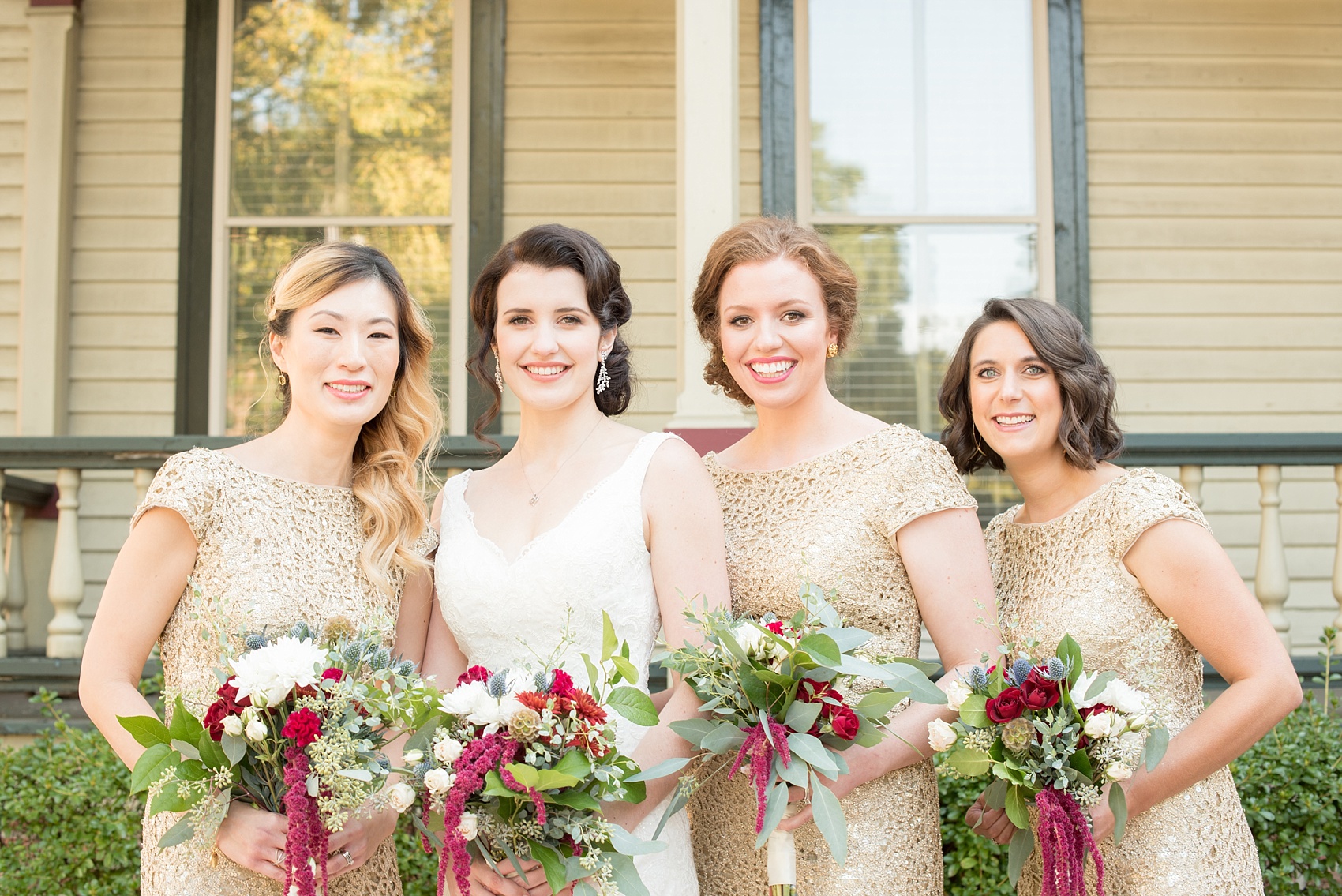 Mikkel Paige Photography photos of a fall wedding in downtown Raleigh with bridesmaids in short gold dresses by Adriana Papell.