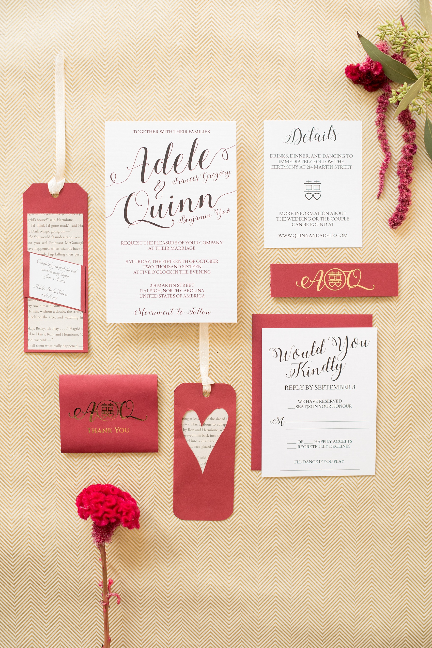 Mikkel Paige Photography photos from a wedding at 214 Martin Street in downtown Raleigh. Red and gold invitation set for a fall ceremony.
