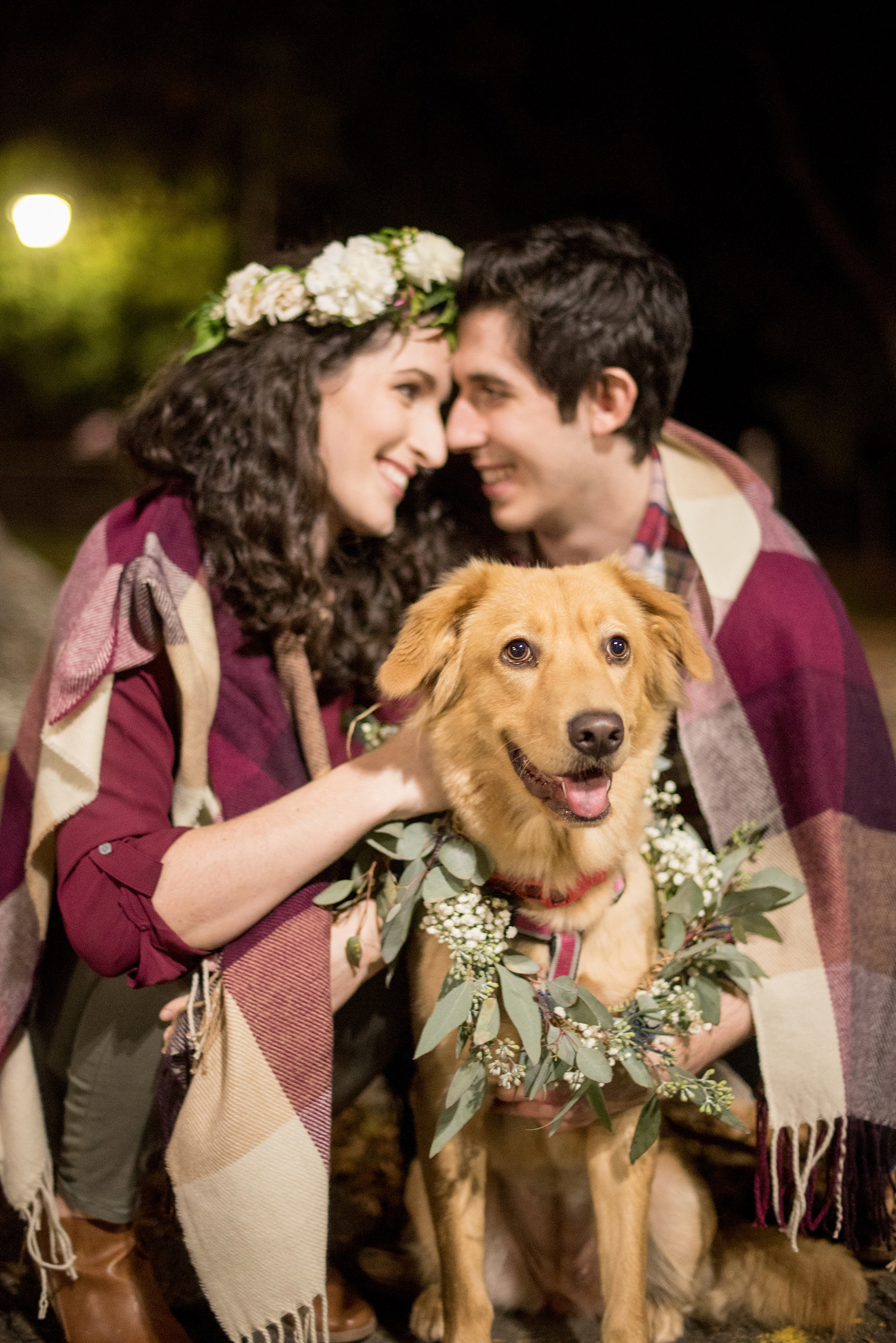 Mikkel Paige Photography photos of a Raleigh engagement session at Pullen Park. A photo of the bride in a flower crown and dog in a flower collar for fall pictures.